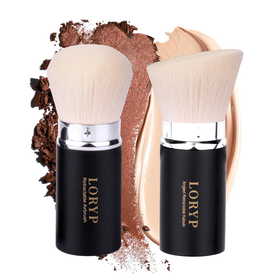 LORYP Retractable Makeup Brush Matte Black Kabuki Foundation Brush for liquid Cream and Powder Makeup 2 Pack Travel Makeup Brush Set