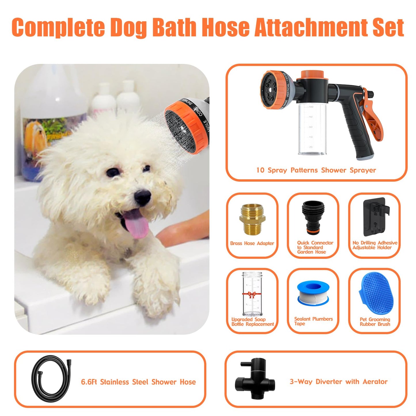 Dog Washing Hose Attachment for Pet Bathing with Black Shower Diverter, Pup Dog Wash Hose Nozzle Shampoo Sprayer for Indoor Outdoor Pet Shower, Dog Shower Attachment with Dog Brush