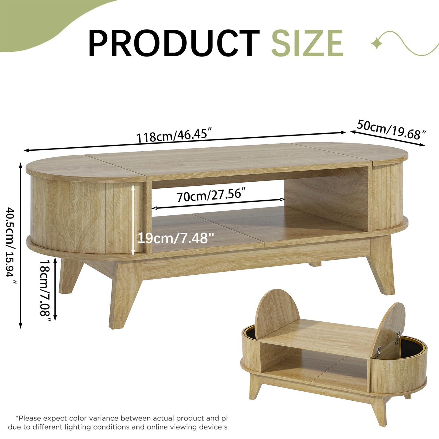 Coffee Table with 2 Hidden Storage,Mid Century Modern Coffee Table with Fluted Finish,Wood Center Tables Oval Coffee Tables with Flip-Top Lids for Living Room Home Office (Oak)