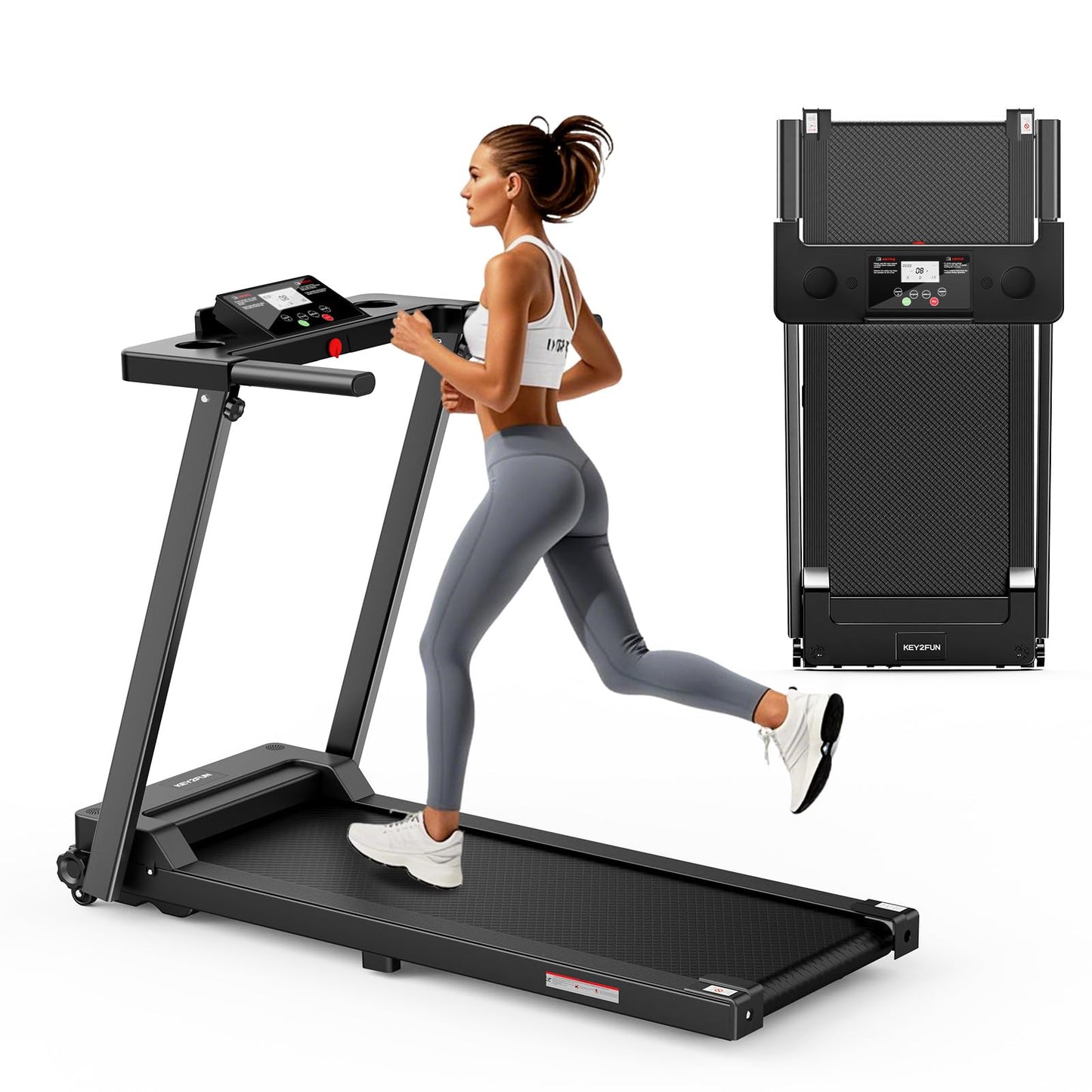 KEY2FUN Treadmills for Home, Walking Pad with Handle Bar, Portable Foldable Treadmill, Lightweight Folding Treadmill with 300 LBS Capacity, 3.0 HP Walking Pad with LED Display
