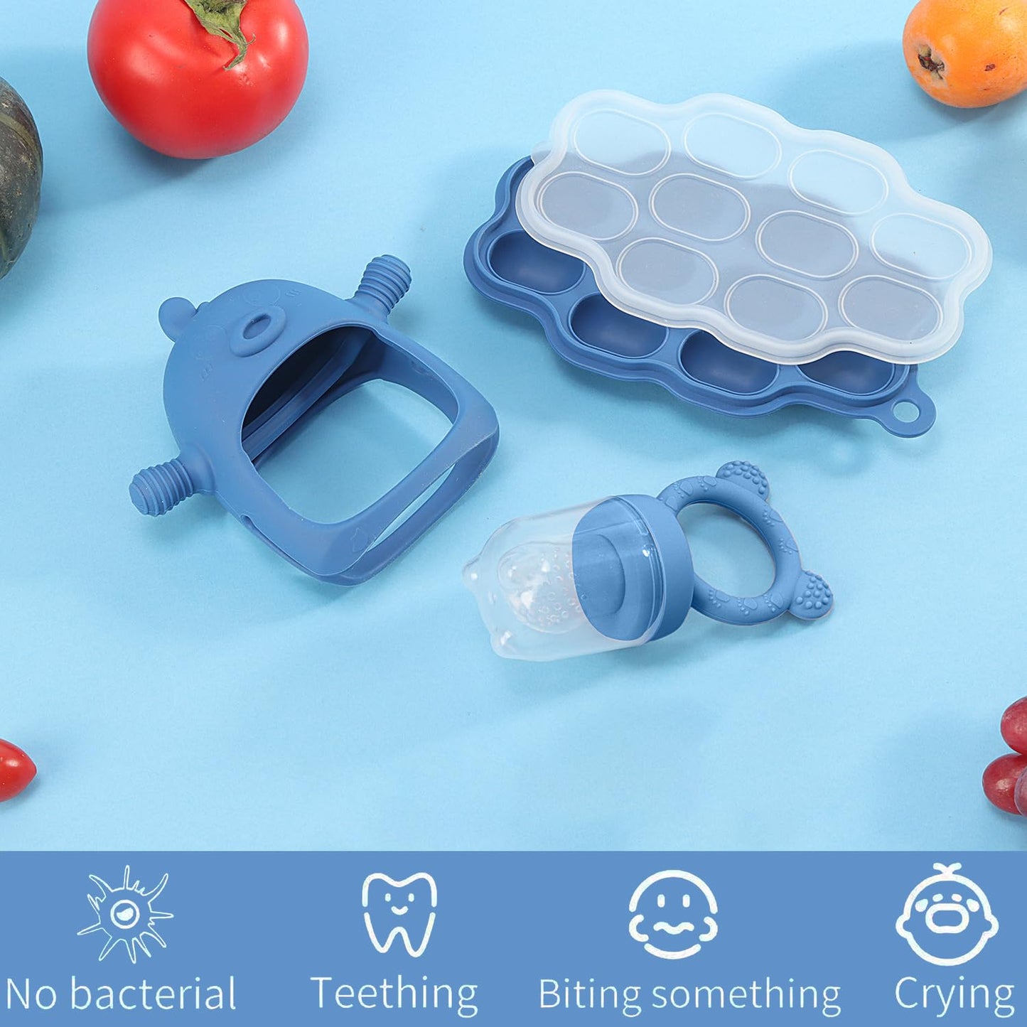 Baby Fruit Feeder & Breastmilk Popsicle Molds – (3-Pack) Teething Relief Set with Mesh & Silicone Pacifiers, Freezer Tray, Food Feeder for 0–12 Months, BPA Free – (Steel Blue)