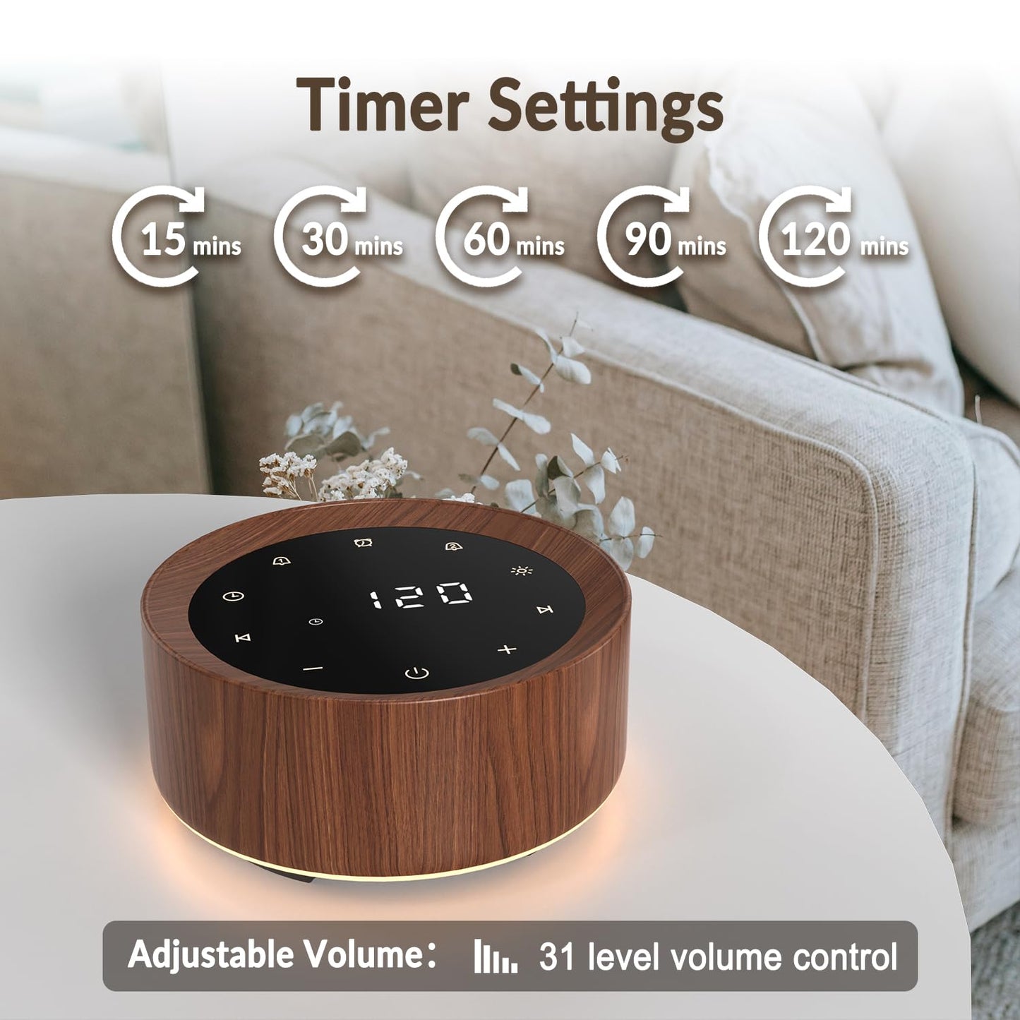 White Noise Sound Machine Alarm Clock 7 Colors Night Light Sound Machine for 20 Soothing Sounds 31 Level Volume 6 Level Screen Brightness 5 Timer Set Memory Function Touch Control for Adult/Baby Wood