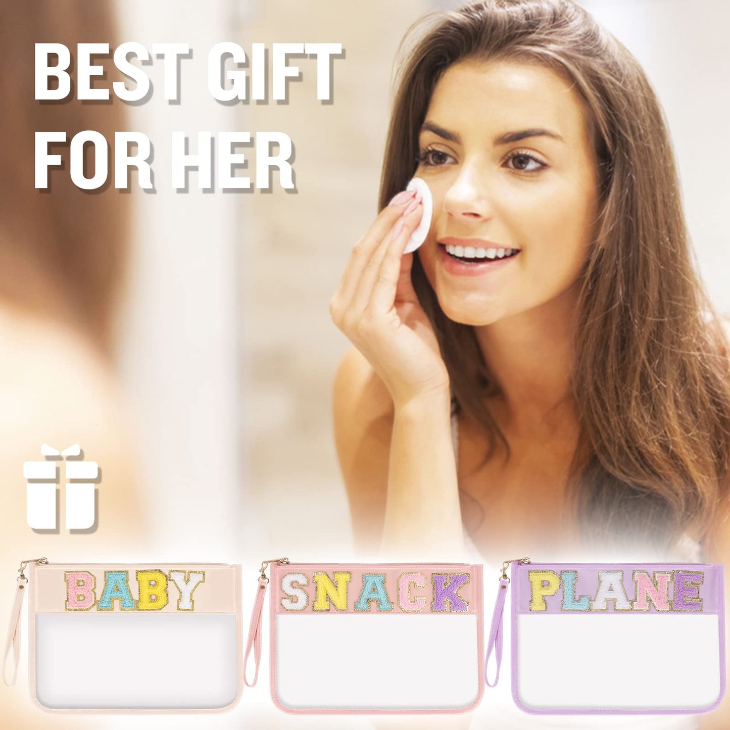 izuzta Chenille Letter Clear Bag Baby Purse Pouch, Monogram PVC & PU Clear Zipper Pouch with Wristlet, Waterproof Portable Glitter Snacks Makeup Beach Pouch Toiletry Bag for Women Girls (BABY-Pink)