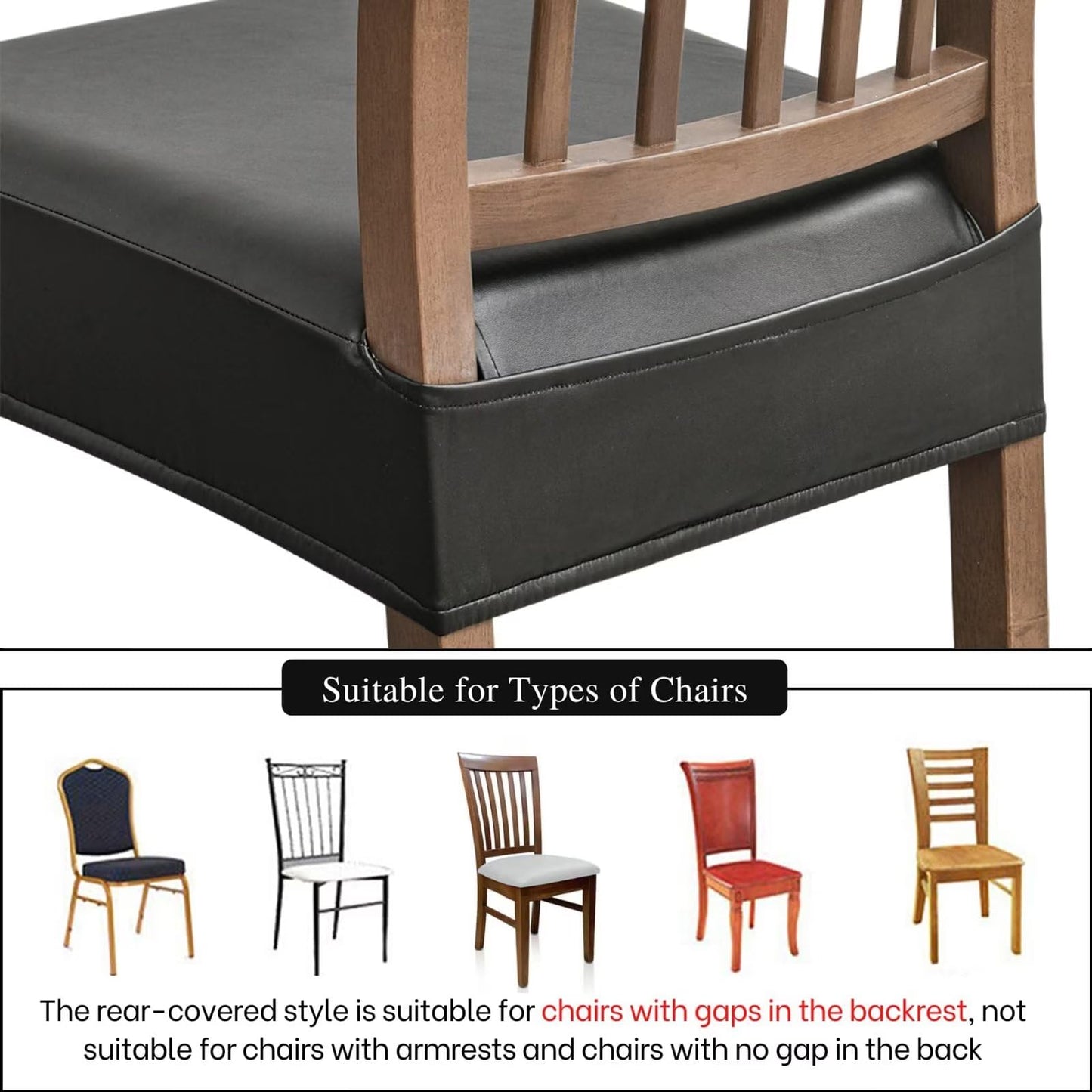 NILUOH Waterproof Seat Covers for Dining Room Chairs Set of 4, Pu Leather Chair Seat Slipcovers Dining Chair Cover Removable Washable Chair Protctor Cover, Rear Covers (PU-Black)