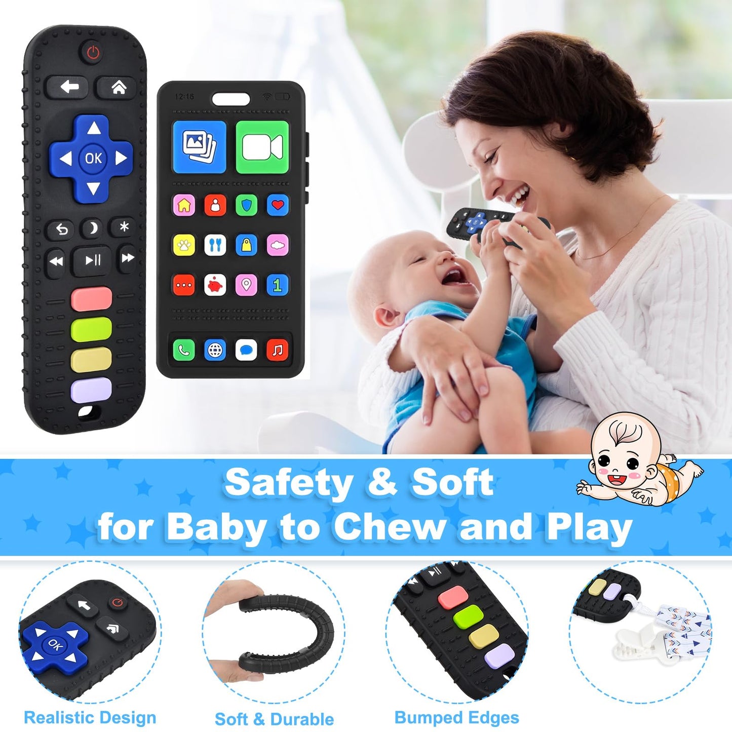 Baby Silicone Teething Toys, Phone and Remote Teether Toys for Toddlers 3-18 Months, Boys Girls Babies Teething Toy, Baby Chew Toy, Freezer BPA Free