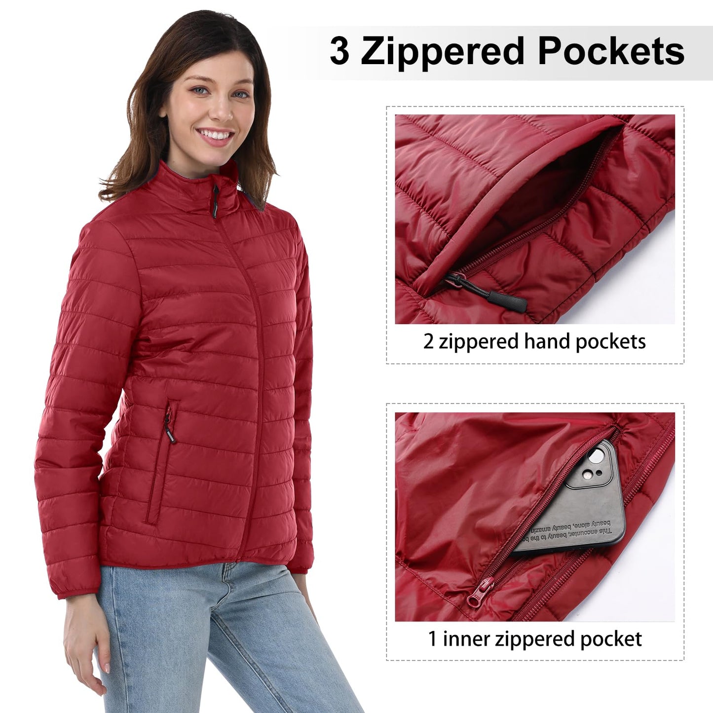 Outdoor Ventures Women's Packable Full-Zip Short Puffer Jacket Insulated Quilted Warm Lightweight Winter Coat