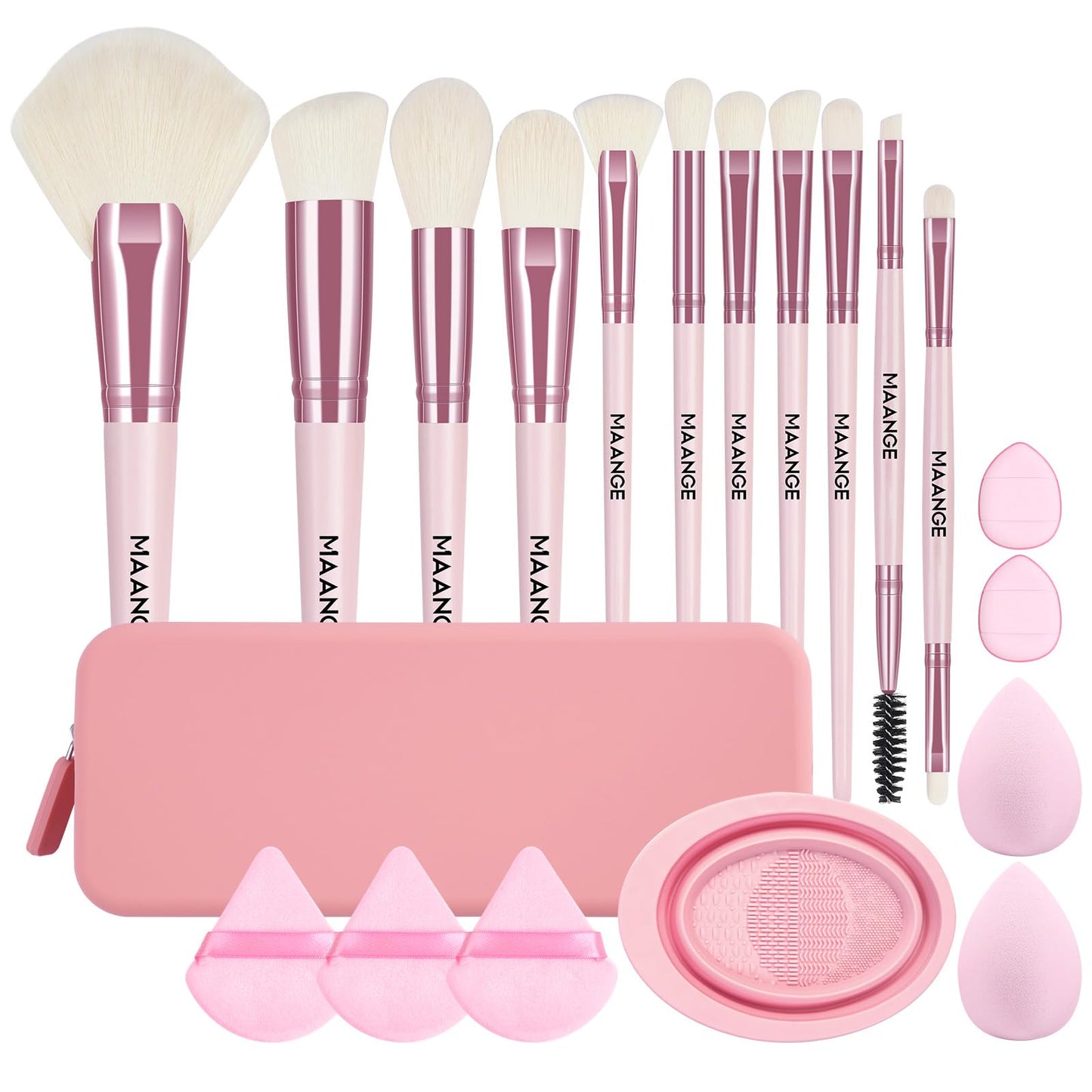 MAANGE 11pcs Professional Makeup Brush Set with Silicone Brush Bag, 20pcs Makeup Tools Kit - Includes Makeup Sponges, Powder Puffs, Cleaning Mat - Perfect for Foundation, Blush, Eyeshadow (Pink)