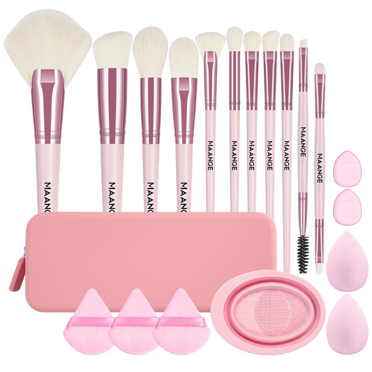 MAANGE 11pcs Professional Makeup Brush Set with Silicone Brush Bag, 20pcs Makeup Tools Kit - Includes Makeup Sponges, Powder Puffs, Cleaning Mat - Perfect for Foundation, Blush, Eyeshadow (Pink)