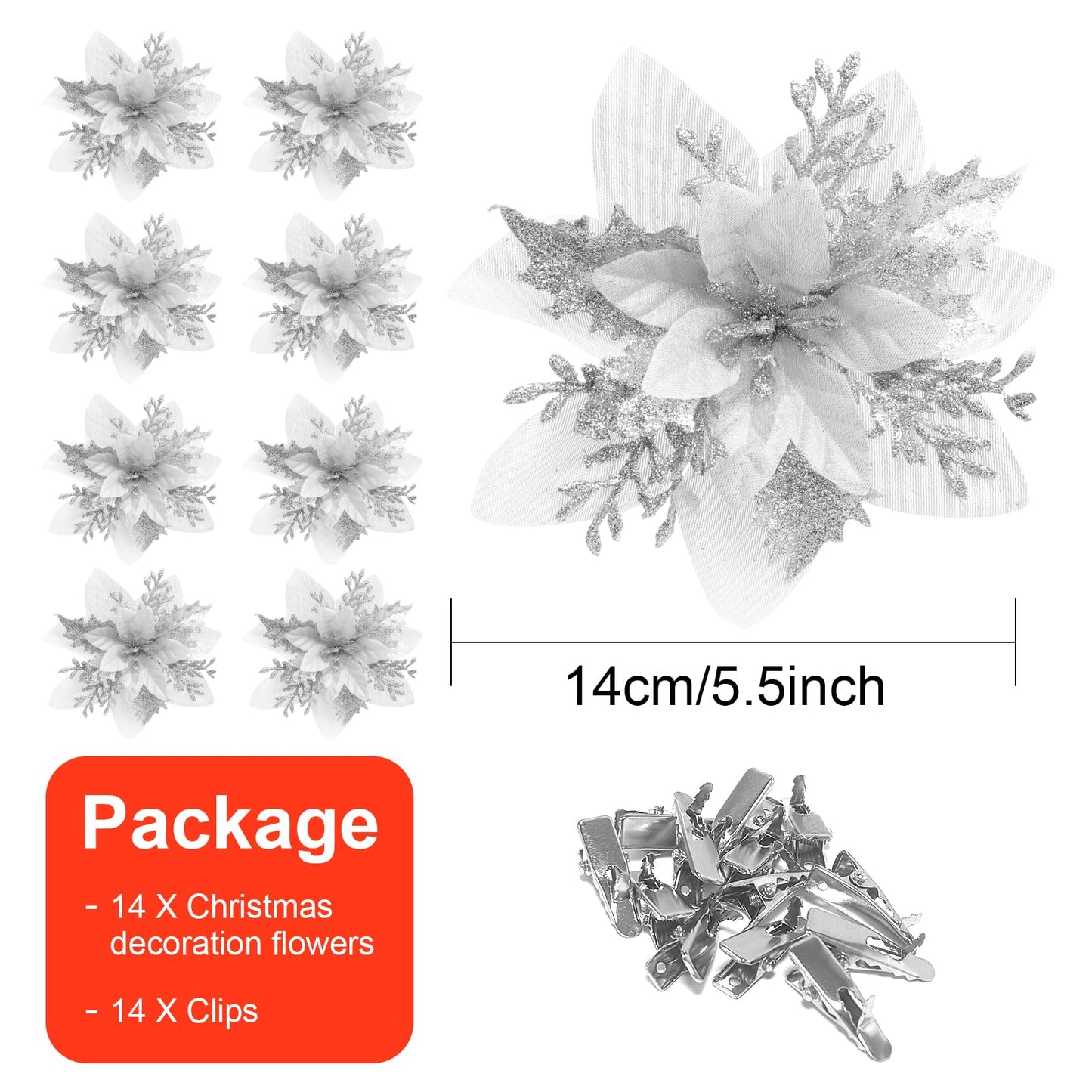 14PCS Christmas Tree Decorations Poinsettias Artificial Flowers-5.5“ Glitter Poinsettia Artificial Flowers with 14pcs Clips Glitter Poinsettia Christmas Ornaments for Xmas Party Ornaments and Decor