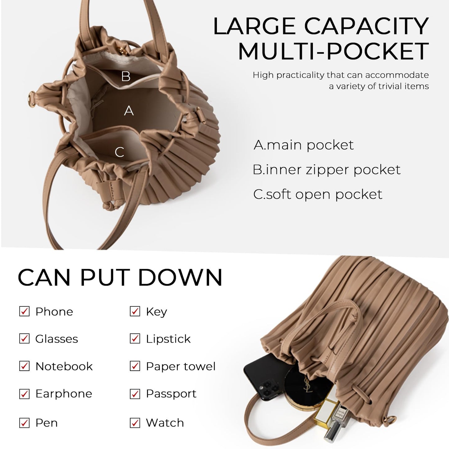 Extolove Mini Faux Leather Bucket Bags for Women Drawstring Crossbody Bucket Bag Purses Pleated Shoulder Handbags (Apricot)