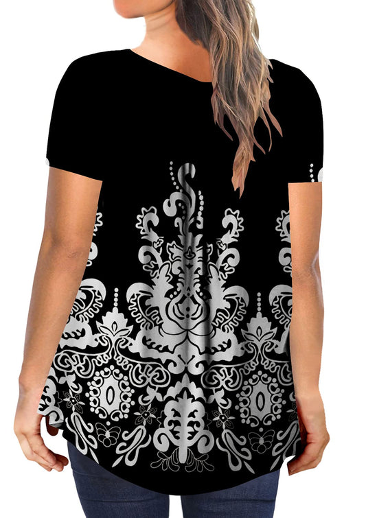 BeadChica Women's Plus Size Tunic Tops Casual Flowy Tshirts Ruched Botton Up Short Sleeve Blouses-Floral-XL White Pattern