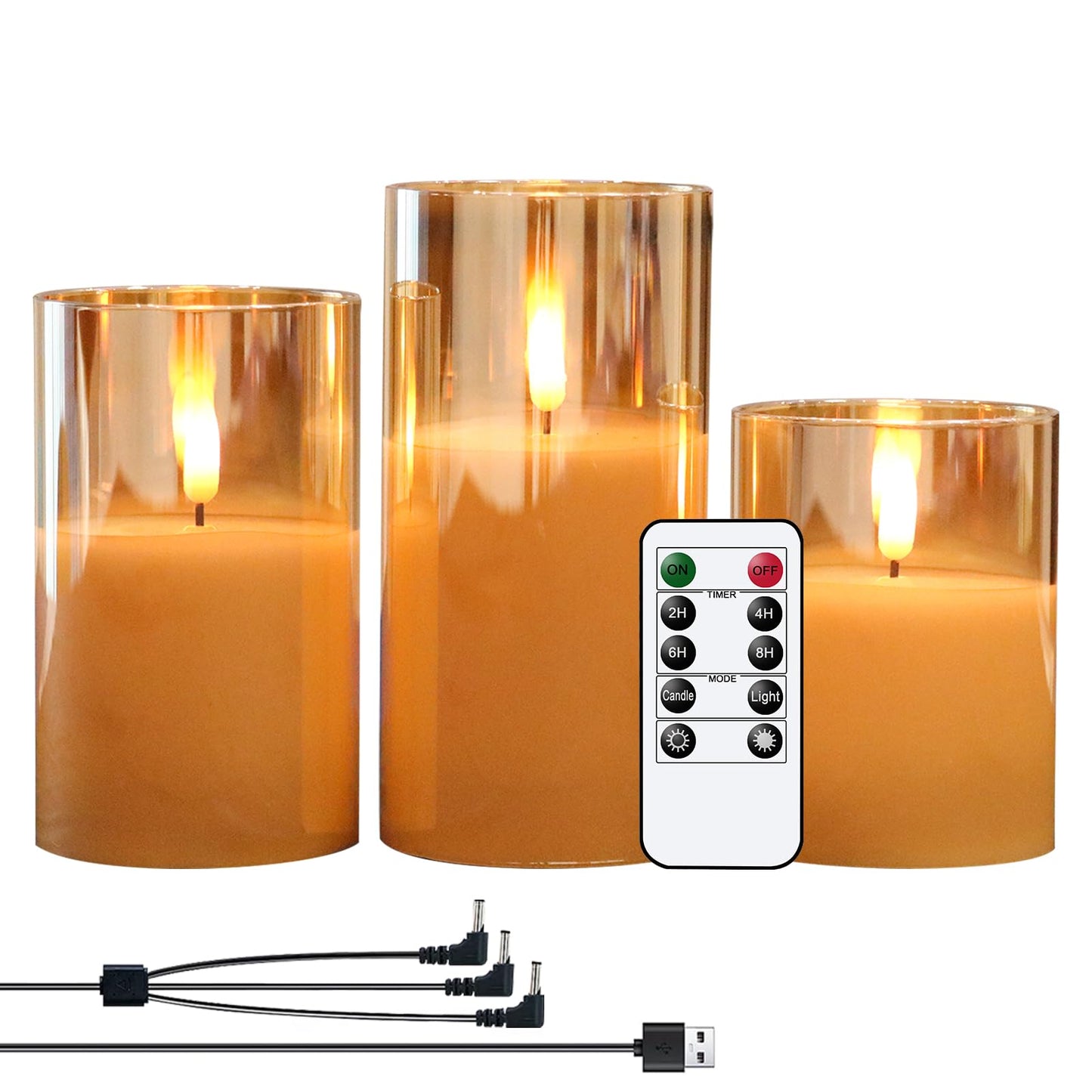 GenSwin Rechargeable LED Flameless Flickering Glass Candles with Remote Timer, Battery Operated Pillar Candles Long Lasting Gold Real Wax USB Candle (D 3”×H 4”5”6”)