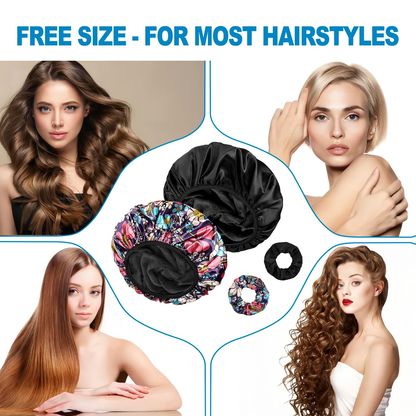 Shower Caps for Women, 2 PCS 3 Layers Terry Lined Shower Cap + 2 Satin Scrunchies, Waterproof Terry Cloth Bath Caps Elastic and Reusable Hair Cap for Shower - (Black+Flower B)