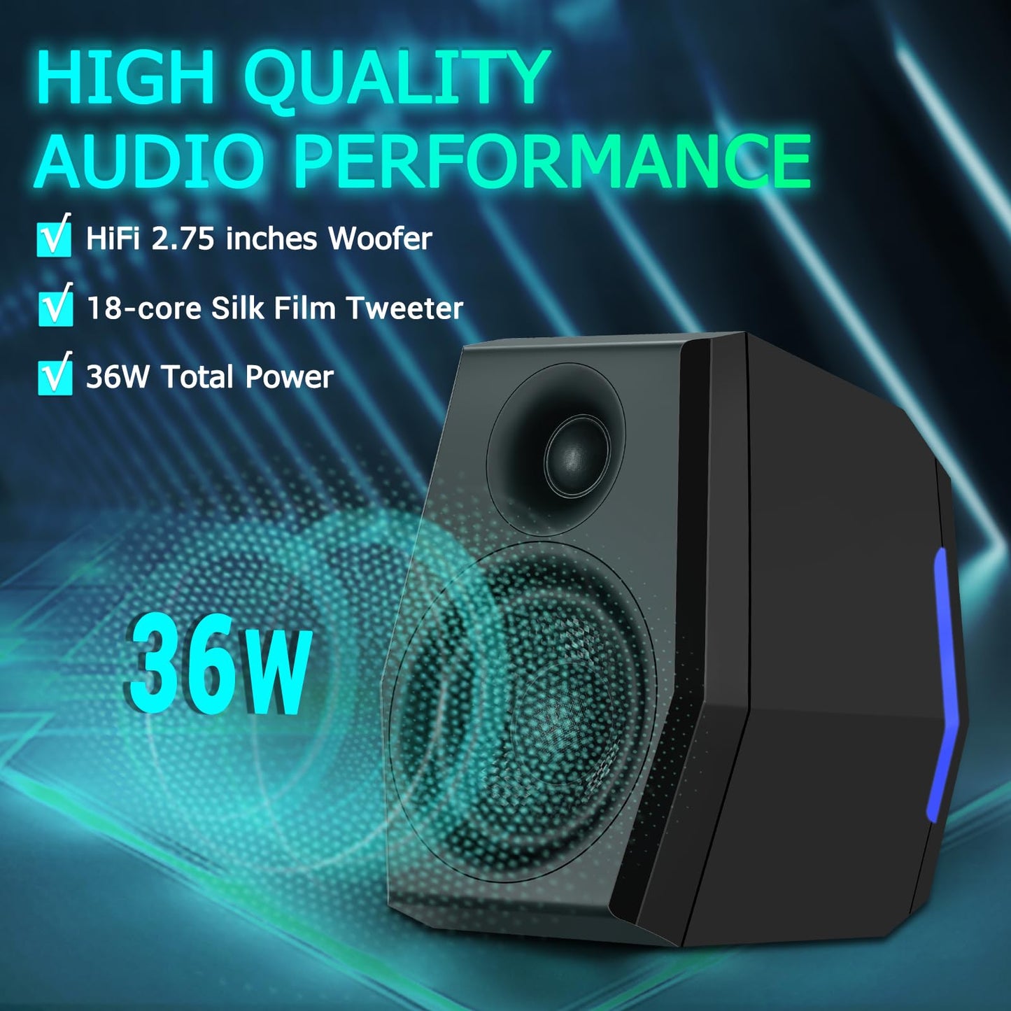 Sanyun SW209 36W Computer Gaming PC Speakers - 2.75" Fiberglass Woofer and Silk Dome Tweeter - Built-in 24bit DAC Dynamic 3D Surround Sound - Bluetooth 5.2 USB 3.5mm Aux Inputs - RGB Light - Black