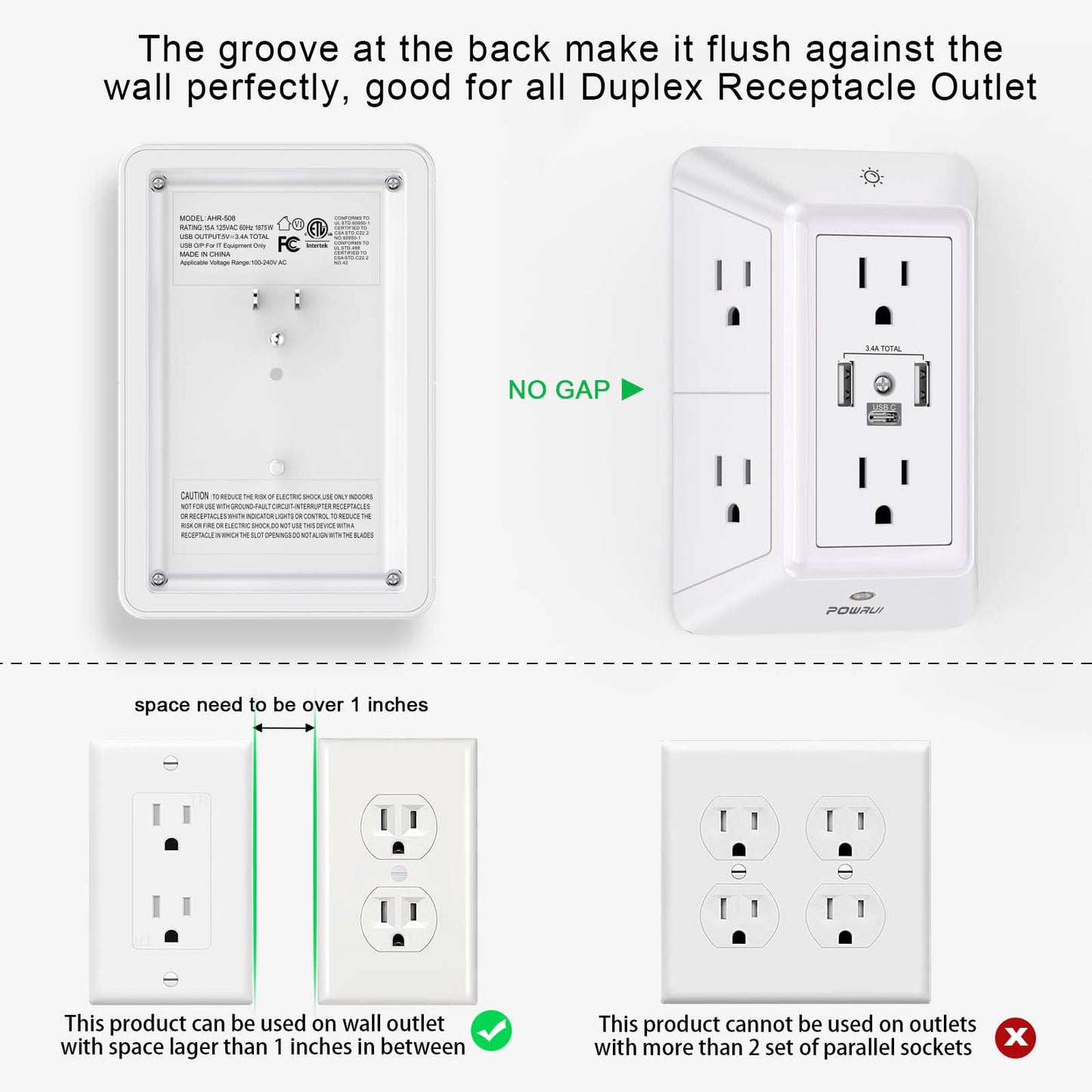 Multi Plug Outlet Surge Protector - POWRUI 6 Outlet Extender with 3 USB Ports (1 USB C) and Night Light, 3-Sided Power Strip with Adapter Spaced Outlets - White, ETL Listed