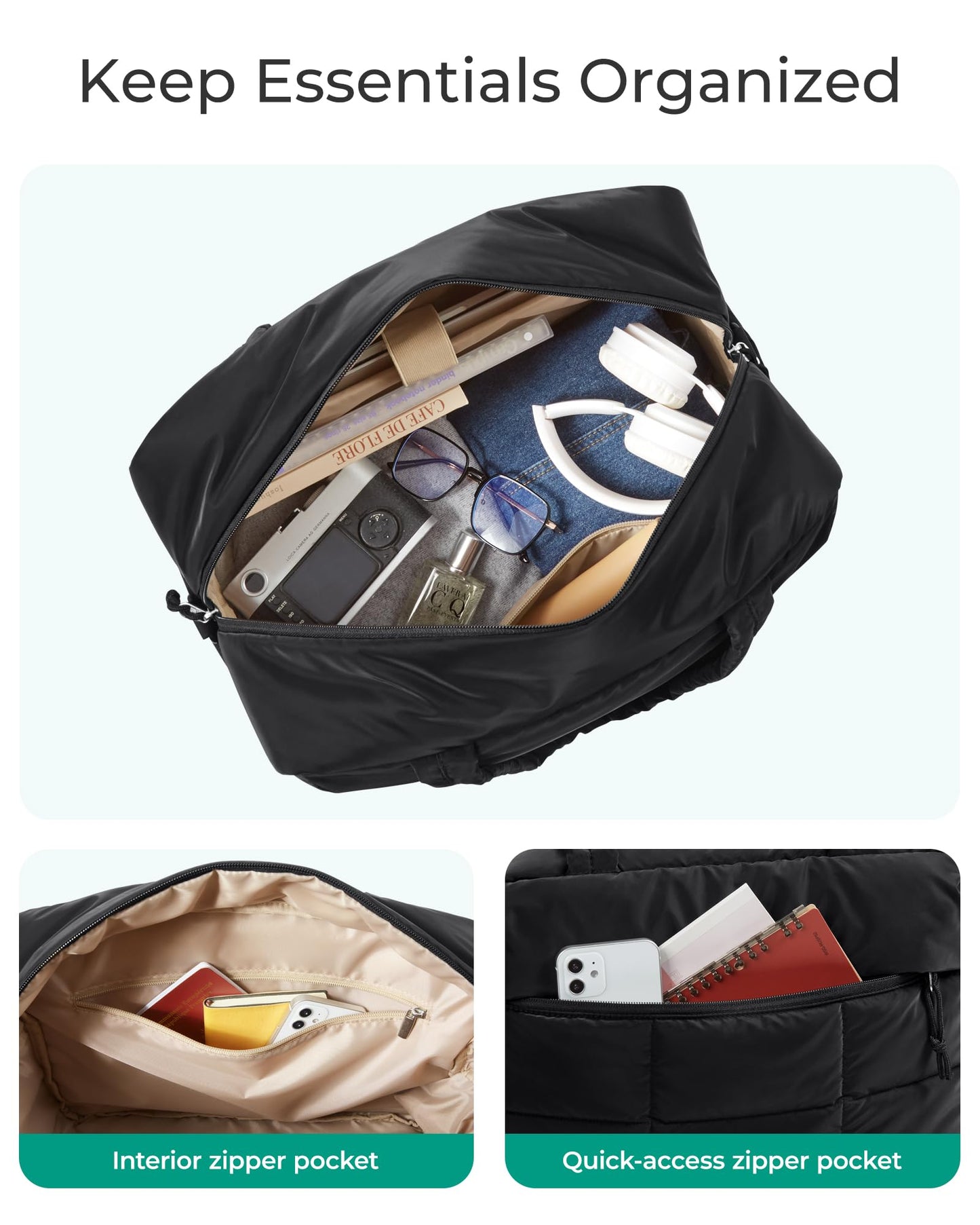 BAGSMART Gym Bag for Women, Carry on Travel Duffel Bag, Water-resistant Weekender with Shoe Compartment, Black