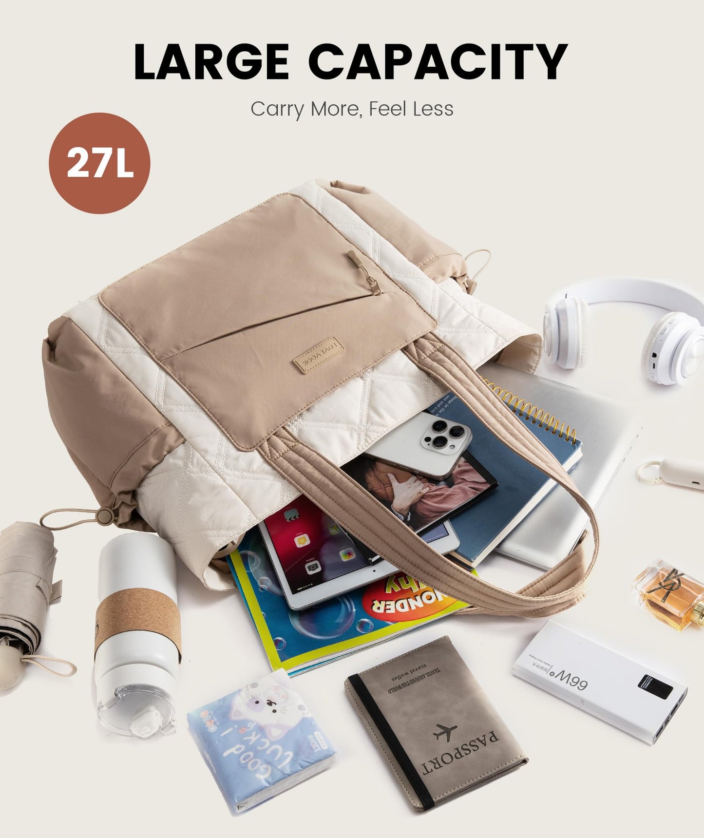 LOVEVOOK Tote Bag for Women, Puffer Bag and Work Bags with Zipper for Travel, Daily, School, Quilted Nurse Shoulder, 2pcs