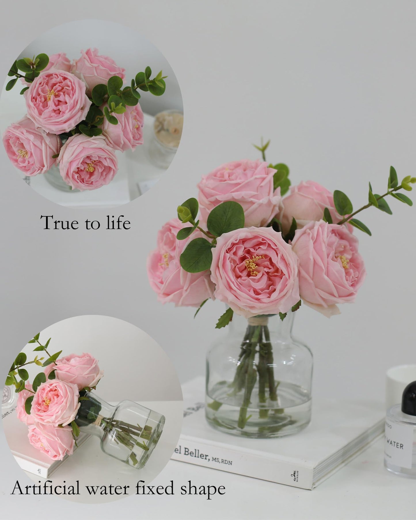 CHASMILE Artificial Flowers with Pink Roses in Vase, Lifelike Fake Flowers in Vase, Faux Flower Arrangements for Dining Table Centerpiece Decor, Table Centerpieces for Dining Room