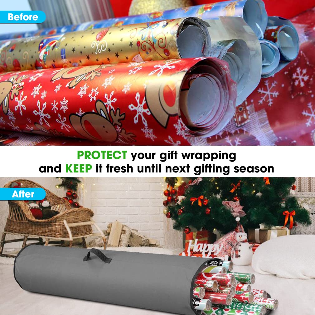 Primode Wrapping Paper Storage Bag | Wrapping Paper Organizer Under Bed for Storing Multiple Rolls of Gift Wrap, 40” Length Container Constructed of Durable 600D Oxford Material (Gray)