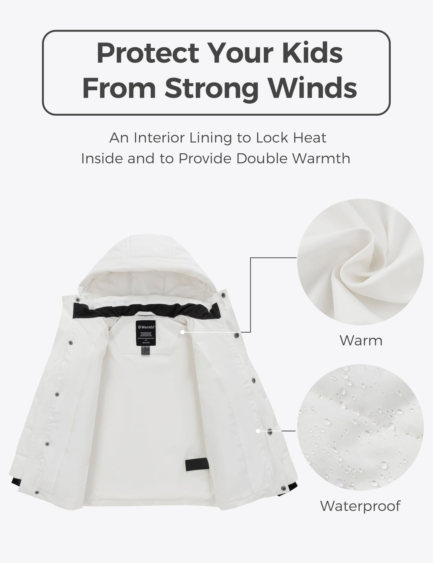 wantdo Boys' Winter Coat Waterproof Puffer Jacket Thicken with Hood White 10-12