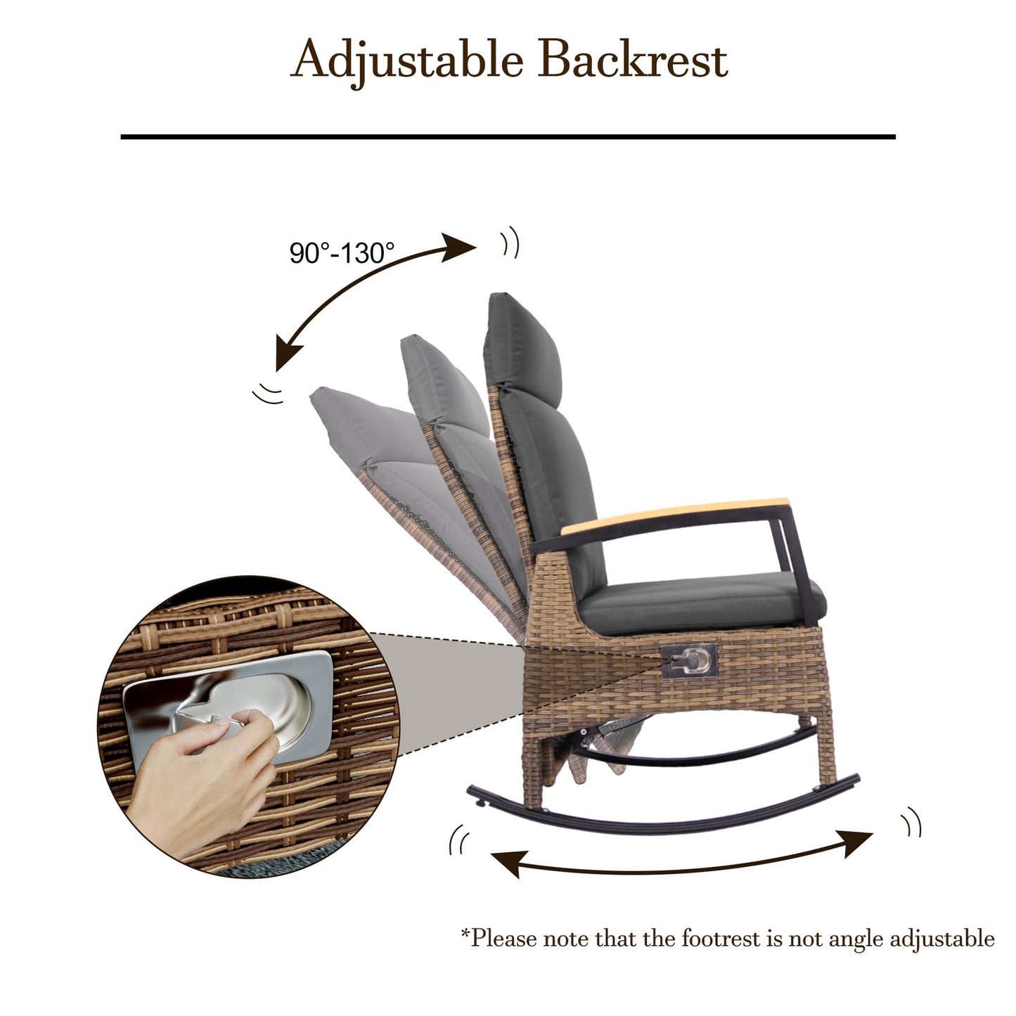 MAXXPRIME Outdoor Recliner Chair Set, Adjustable Patio Recliner with C Shaped Glass Top Side Table, Wicker Reclining Lounge Chairs, Rocking Chairs with Removable Cushions for Pool,Deck(Dark Gray)