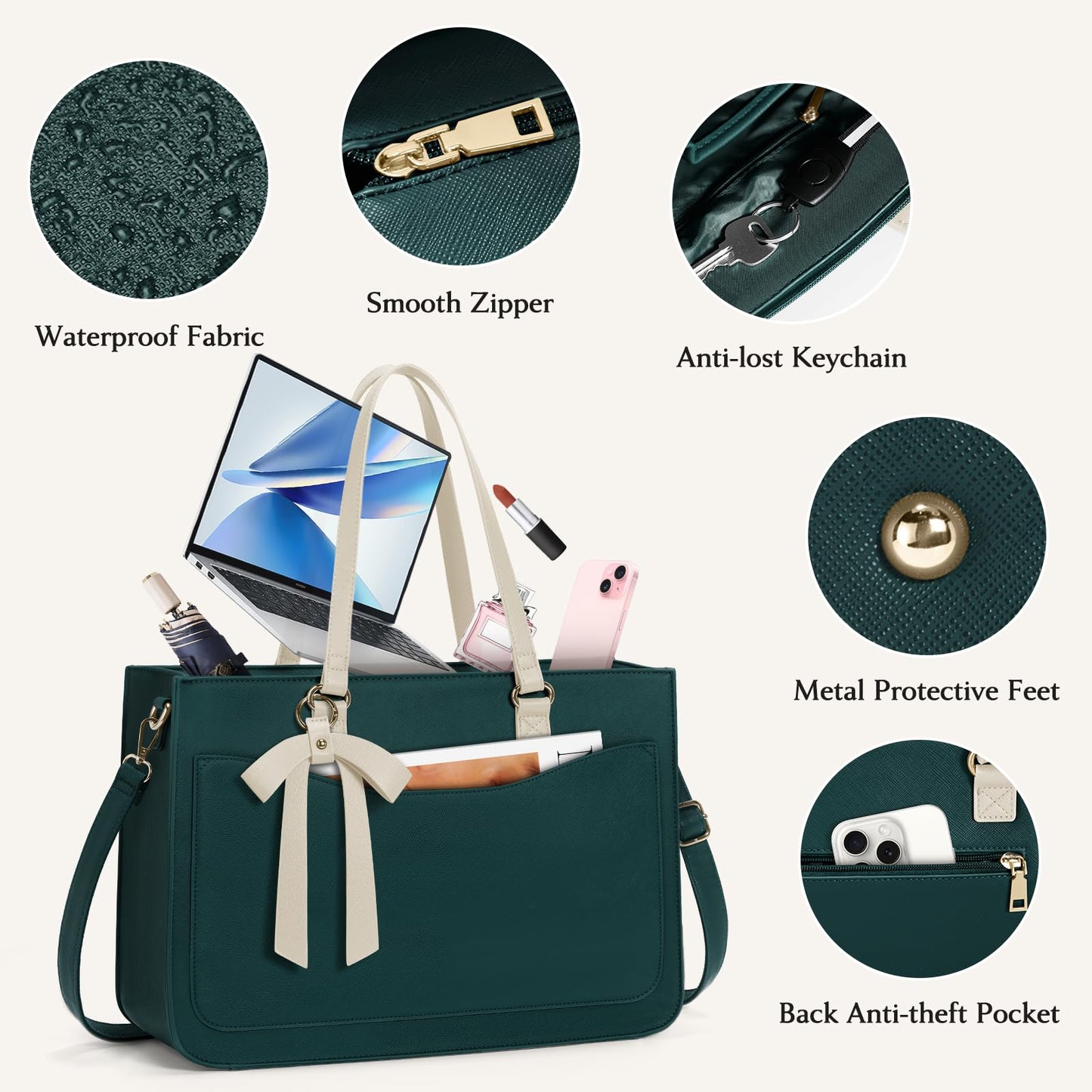 RAINSMORE Laptop Bag for Women 15.6 Inch Work Tote Bags Leather Laptop Tote Waterproof Computer Bag Professional Office Briefcase Large Handbag for College Teacher Travel, Beige and Green