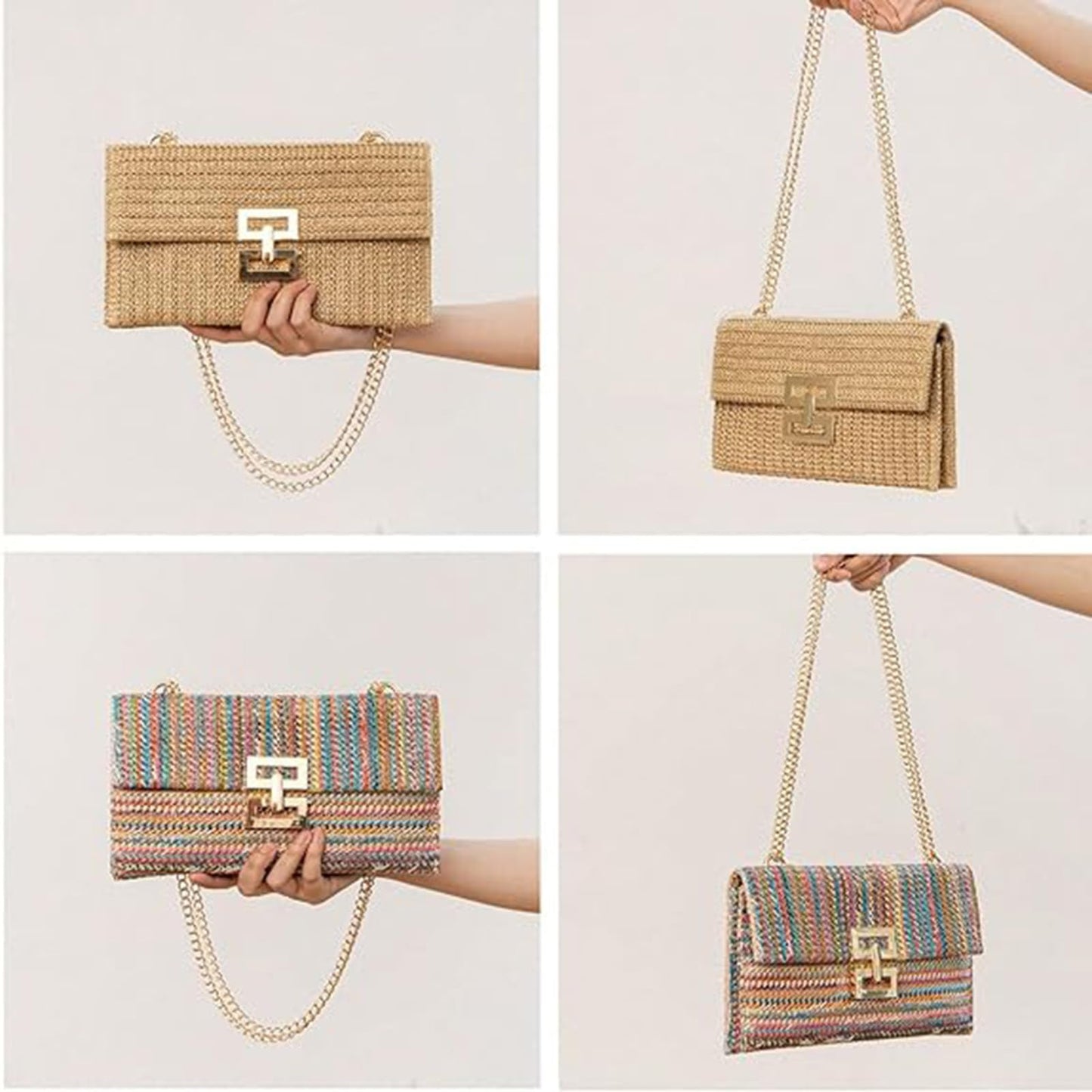 FantasyBear Summer Straw Cluth for women,Rattan Handbags for Women Wicker Purses for Vacation Beach (Multicolour With Chain)