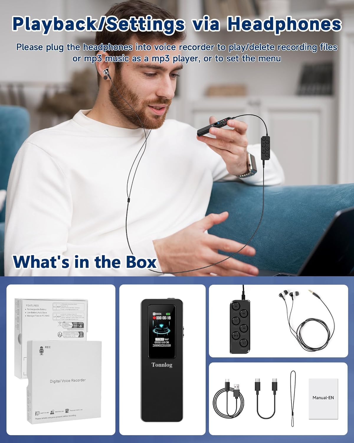 128GB Digital Voice Recorder, Tonnlog 1536Kbps Voice Activated Recorder with Playback, HD Noise Reduction for Lectures Interviews Meetings Classes