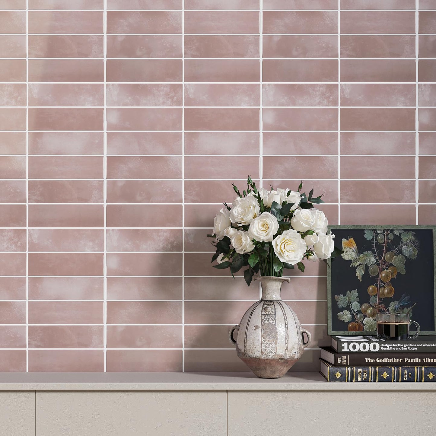 VaryPaper 20 Sheets Pink Peel and Stick Backsplash for Kitchen Back Splash Stick on Tiles Waterproof Bathroom Backsplash Tile Stickers Removable Self Adhesive Wall Tiles for Laundry Room 12''x12''