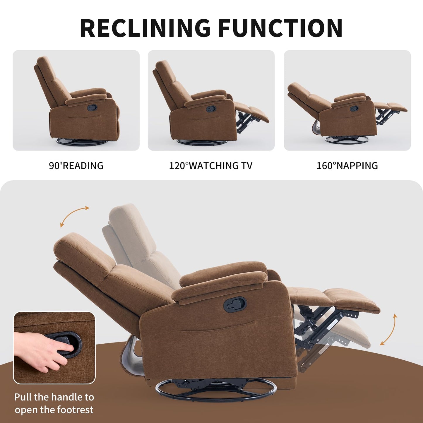 Recliner Chair, 360 Swivel Rocker Chair for Adults, Small Rocking Recliner Chair for Small Spaces, Upholstered Fabric Glider Recliner Nursery with Side Pockets for Living Room, Fabric Brown