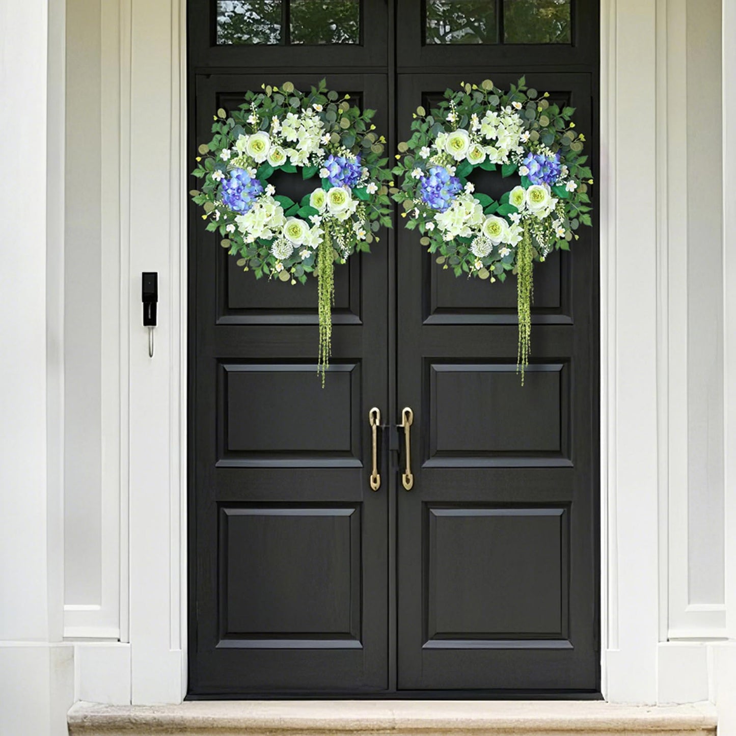 26" Hydrangea & Eucalyptus Wreath for Front Door, Porch, Window - Large Artificial Silk Flowers Outdoor Wreath for Home, Farmhouse, Wedding Decor - Spring, Summer, All Seasons (White&Purple)