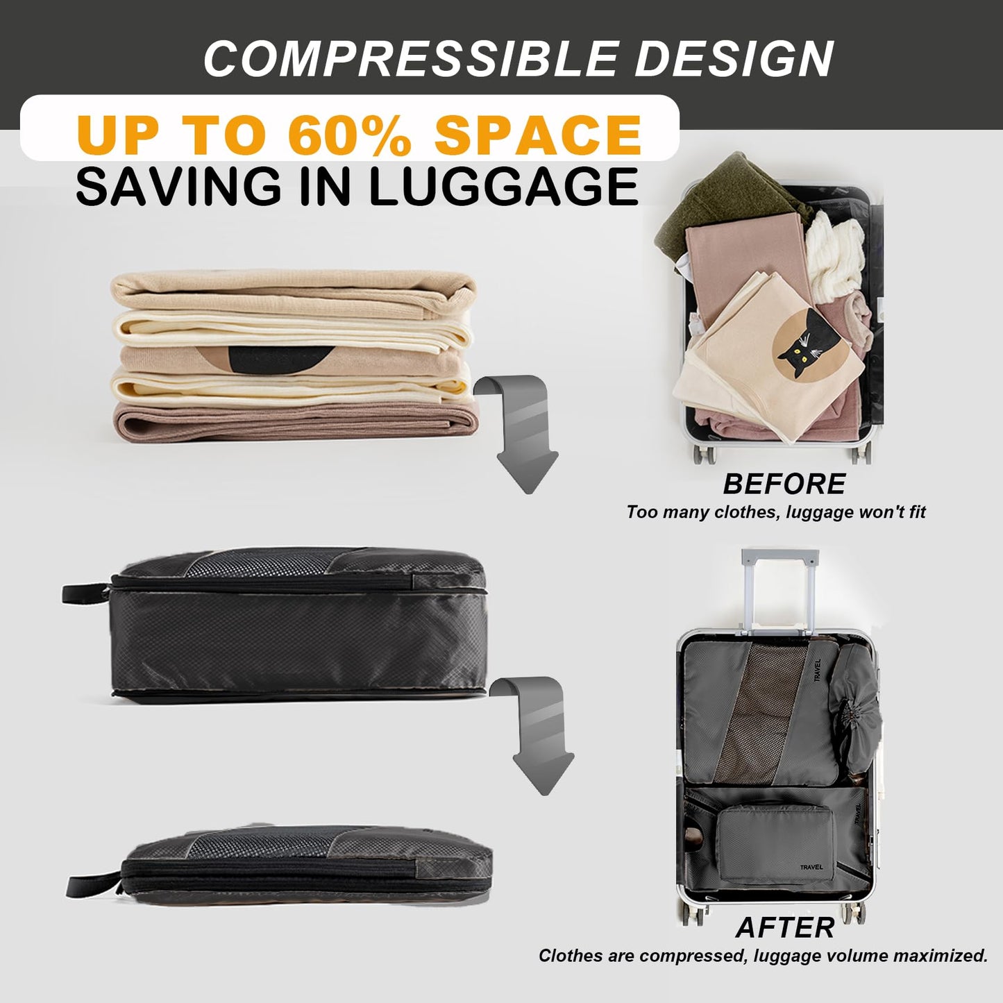 Baraida 6 Set Compression Packing Cubes for Suitcases, Space-Saving Packing Cubes for Travel, Durable Suitcase Organizer Bags Set for Travel Essentials, Double Zipper Compression Packing Cubes,Black