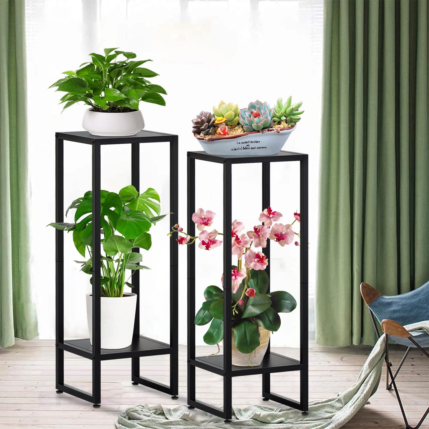 37.4" Tall Plant Stands Indoor, Plant Stand indoor Tall ,Plant Pedestal stand,Black Metal Plant Stands Indoor, 2- Tier Modern Corner Plant Stand Rack Shelves , Square Plant Tables for Corner Living