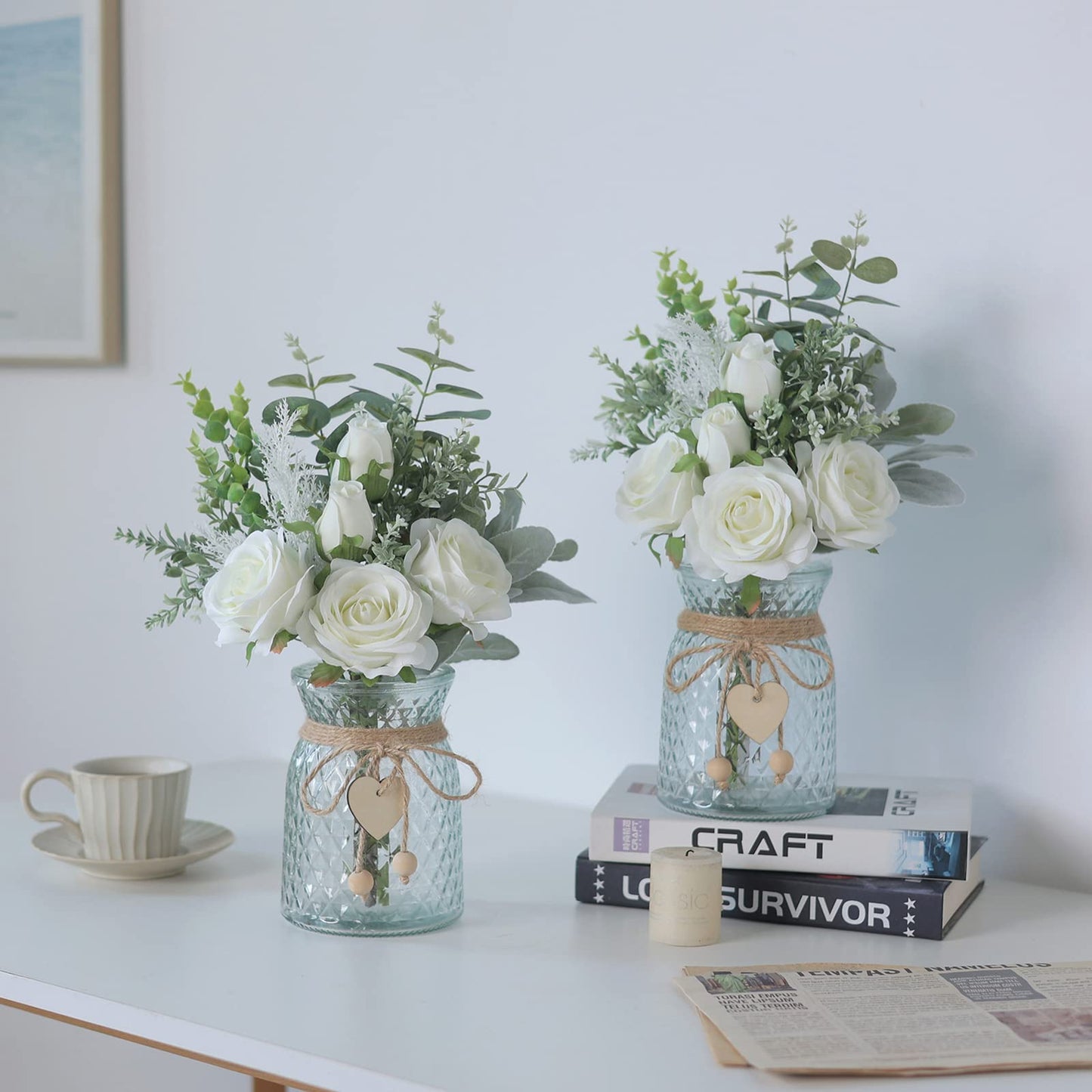 Faux Flowers with Vase,Artificial Silk Roses in Vase, Fake Plant Eucalyptus Flower Arrangement for Home Office Farmhouse Bathroom Dining Table Centerpiece Decorations Coffee Table Decor (White)