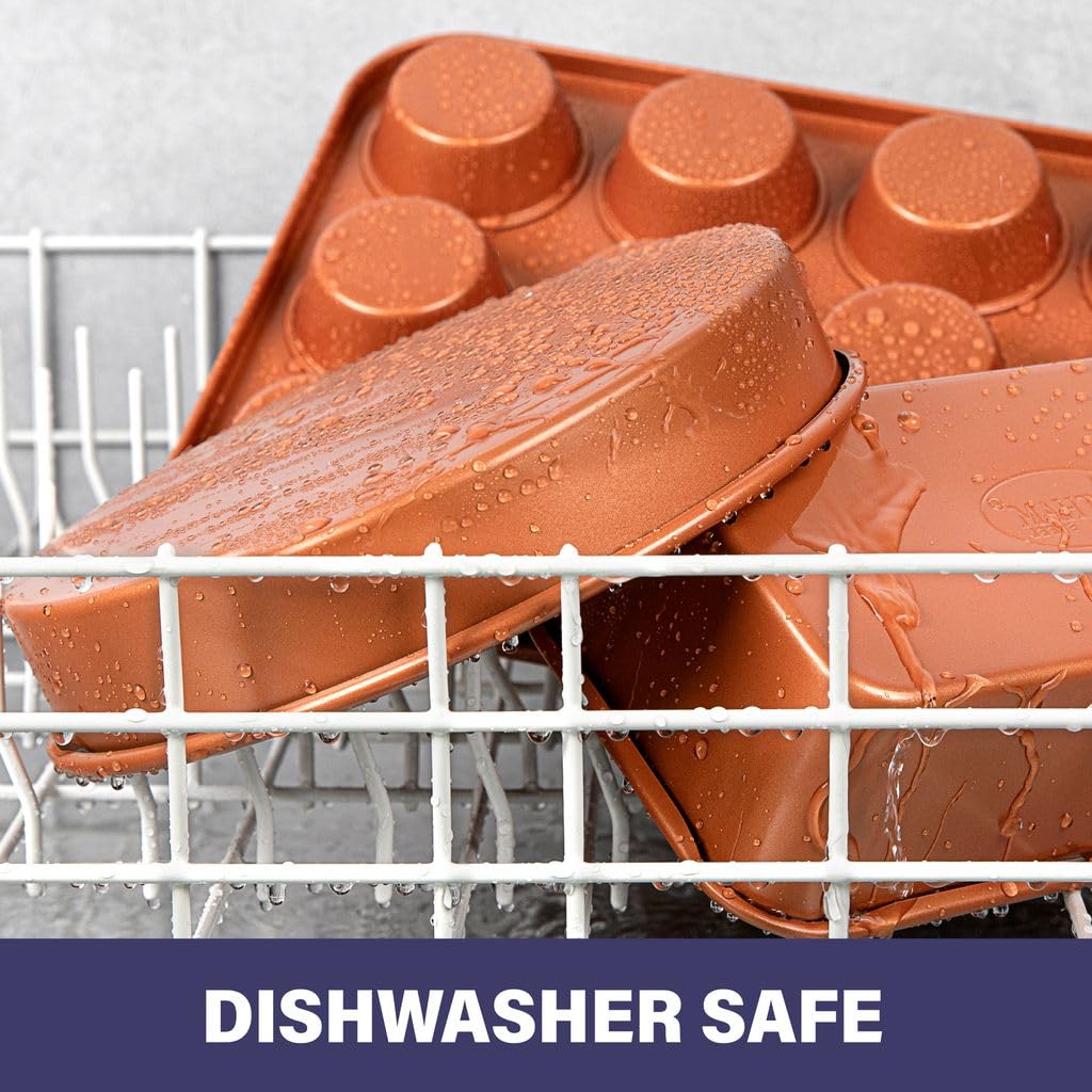 Gotham Steel Non Stick Ceramic Bakeware Set, 5 Piece No Warp & Dishwasher Safe Baking Set, Baking Pans Set with Round & Square Baking Pan, Muffin Pan, Loaf Pan & Baking Sheet for oven, 100% PFOA Free