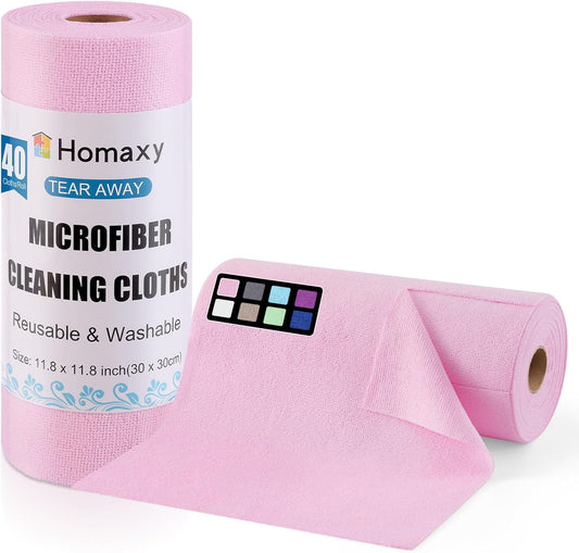 Homaxy Tear Away Dish Cloths Rolls, 40 Sheets-11.8" X 11.8", Reusable Washable Dish Towels for Kitchen, Ultra Absorbent and Quick Drying Microfiber Cleaning Rags, Pink