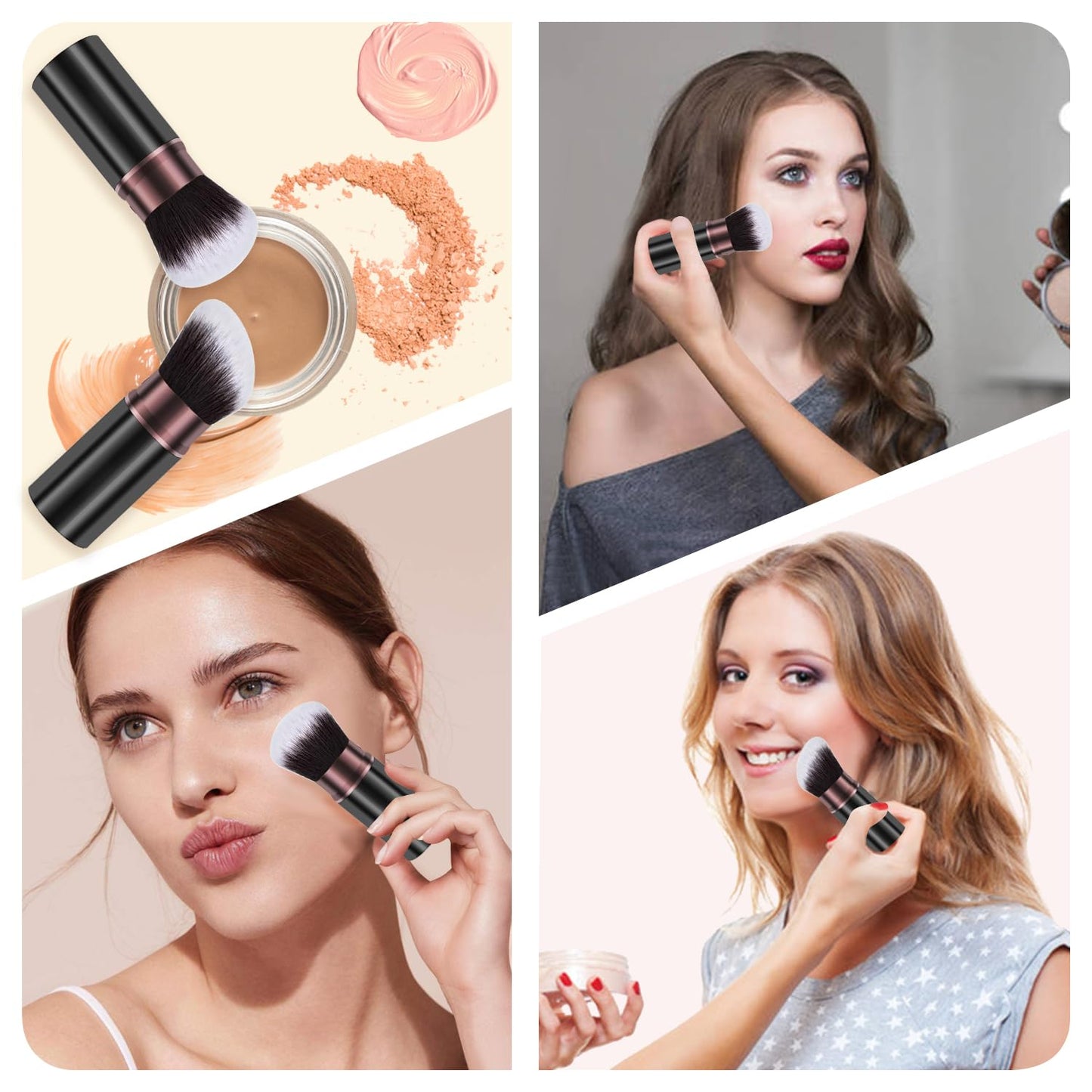 Keriloo Retractable Kabuki Makeup Brush, 2 Pack Travel Powder Foundation Makeup Brush Face Blush Brushes for Blending Liquid, Blush, Bronzer, Buffing, Sunscreen,Flawless Cosmetics