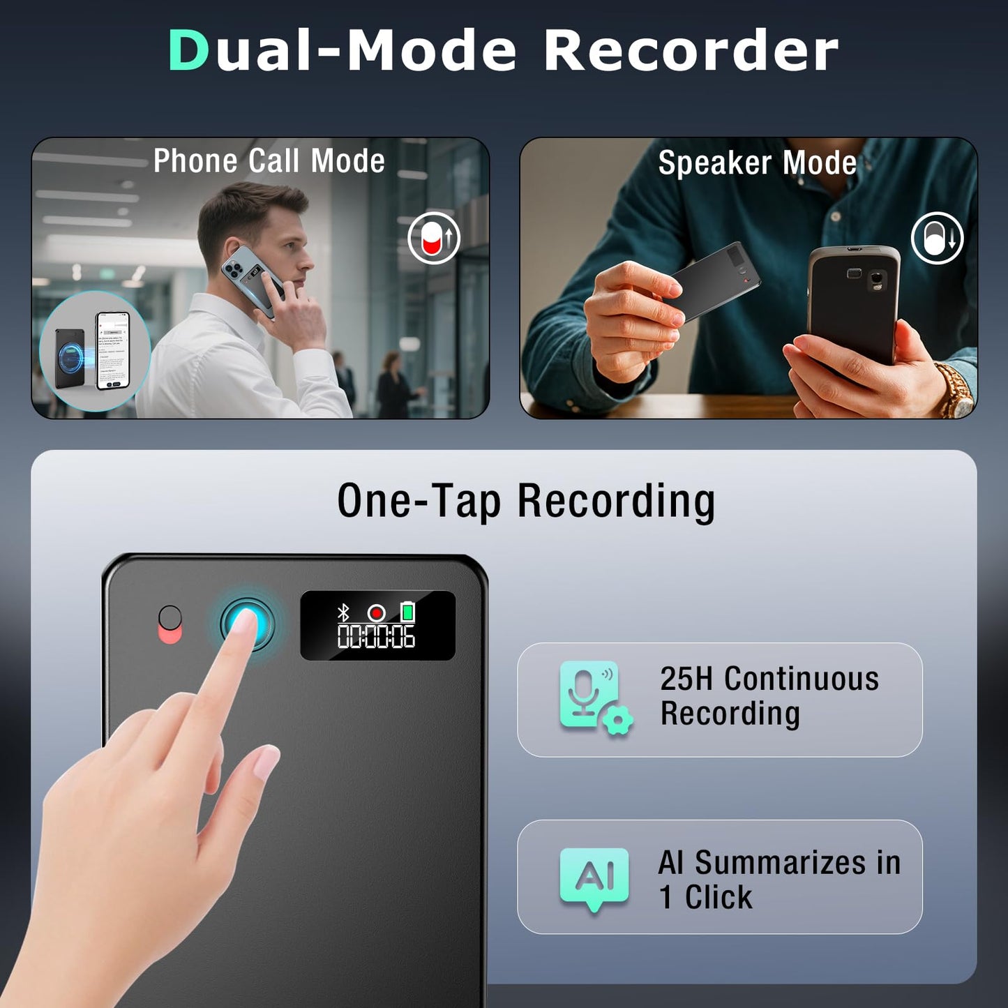 ZEOUPT AI Voice Recorder, Audio Activated Recorder with Playback, App Control, Transcribe & Summarize with AI Technology, 190 Languages, 64GB Memory, Suitable for Lectures, Learning, Meetings, Calls