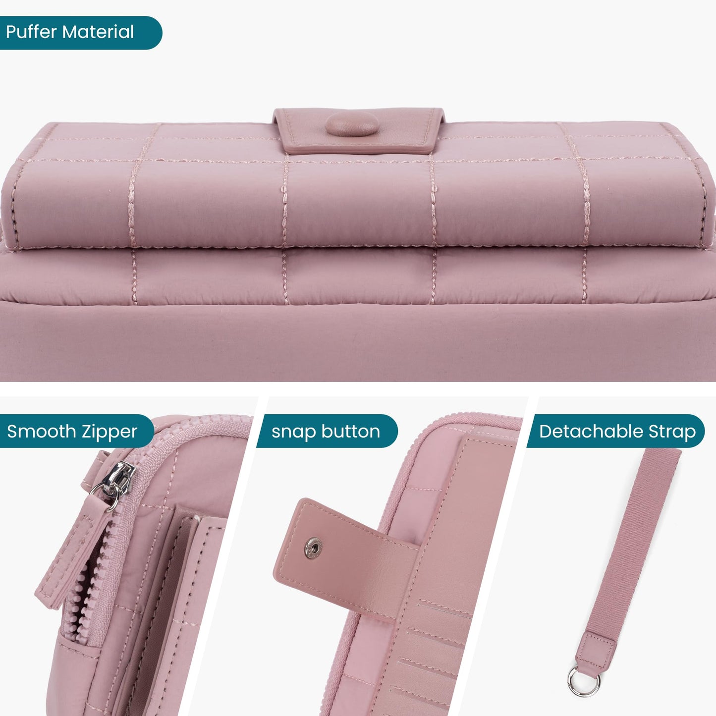 befen Wristlet Wallets for Women, Quilted Nylon Wallet Clutch Purse with 10 Card Slots, Credit Card Holder with RFID Blocking Phone Organizer, Puffer Womens Wallets, Pink