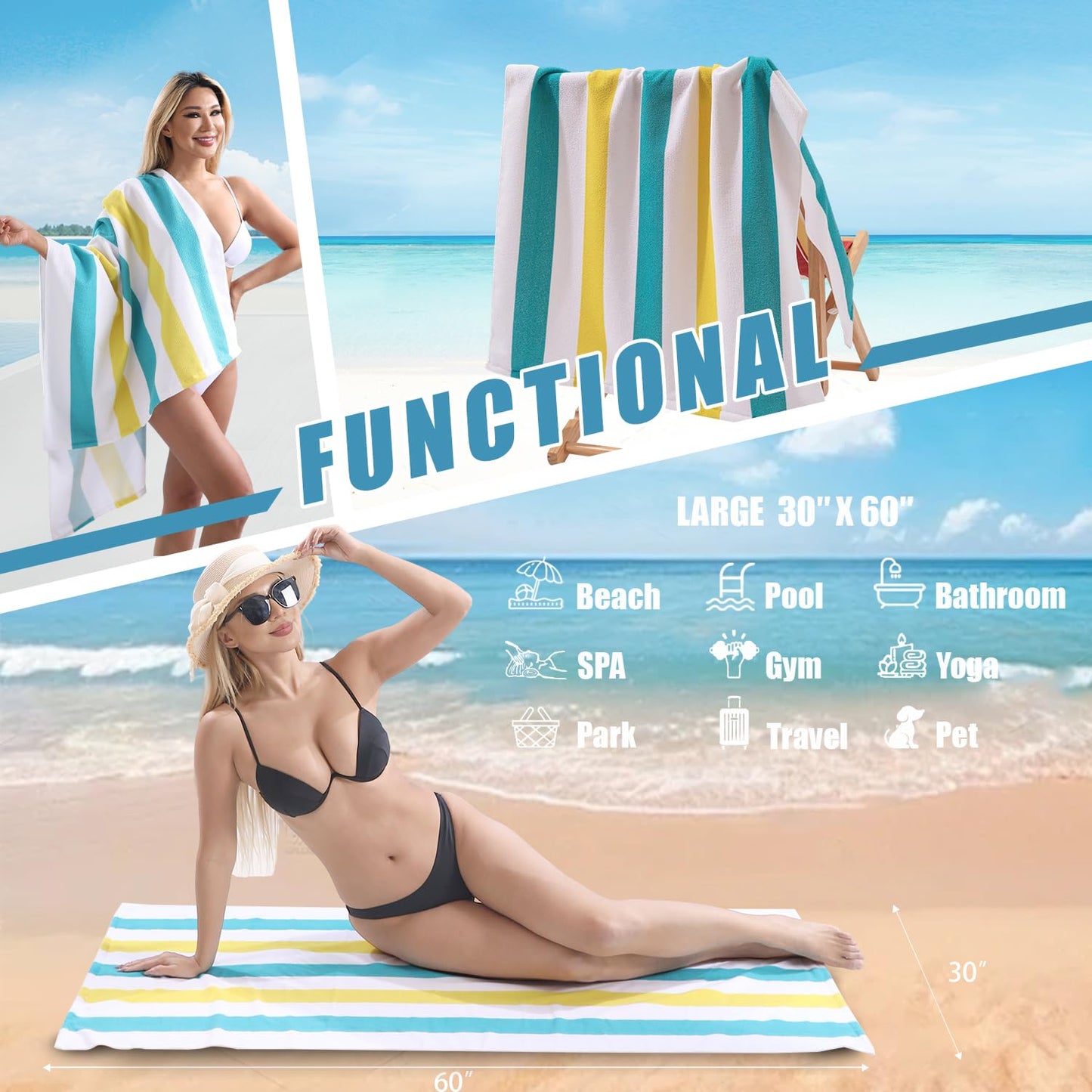 Beach Towel Set-4 Pack 30"x60" Sand Free Stripe Beach Towel for Pool,Bathroom,Soft Absorbent Quick Dry Lightweight Beach Bath Towel,Camping Blanket,Travel Towel,Beach Essentials for Adults,Teal/Yellow