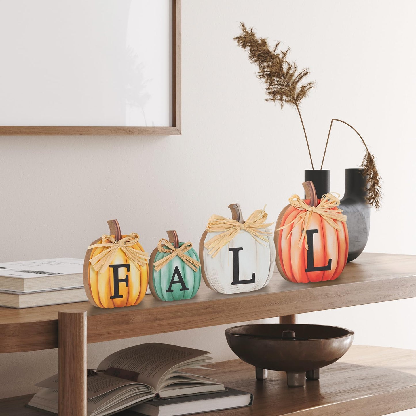 4 PCS Fall Pumpkin Wooden Signs Autumn Small Table Decoration Tiered Tray Pumpkin Tabletop Decor for Thanksgiving Home Kitchen Harvest Party Decor