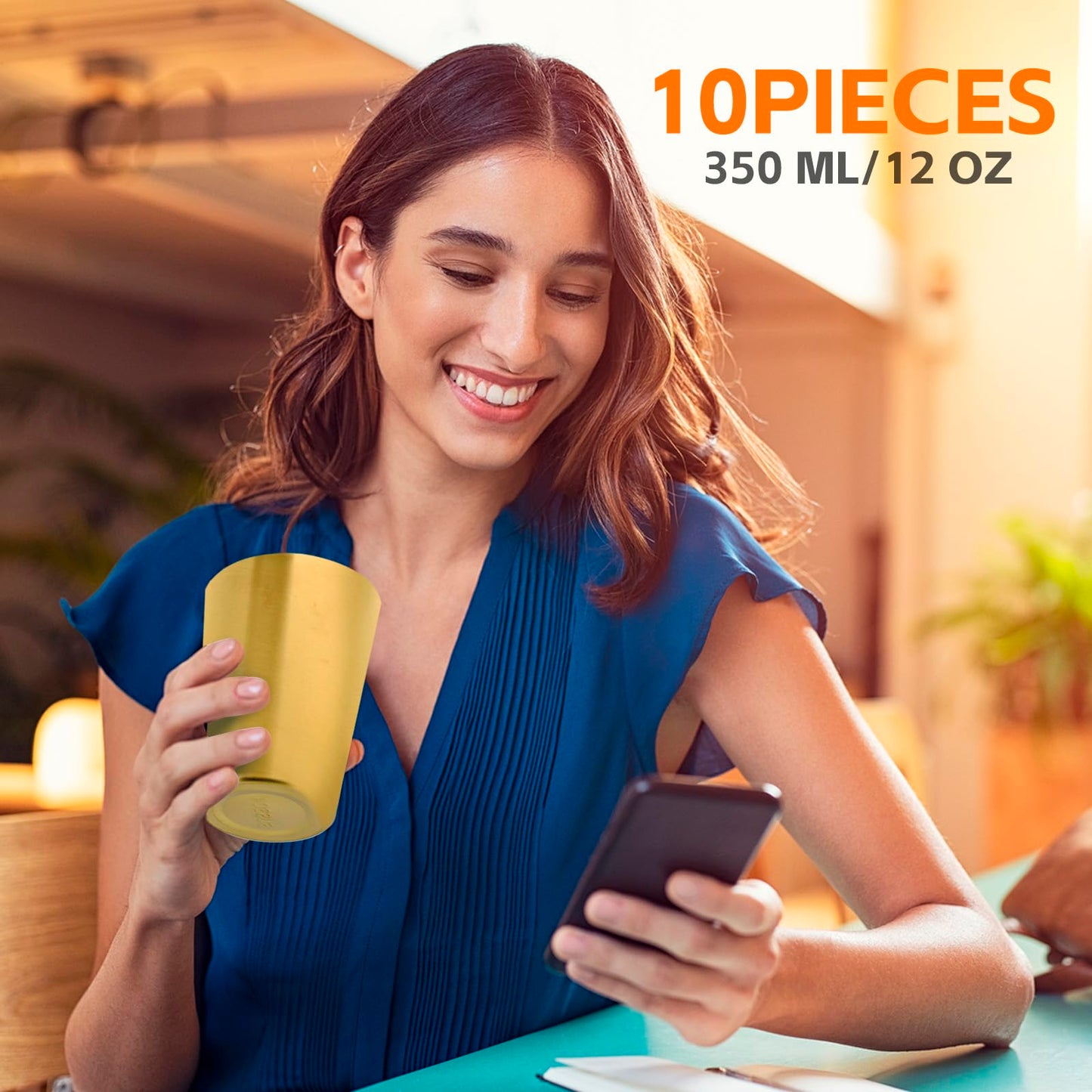 HOEGMST 10 Pack 12 oz Stainless Steel Insulated Cup, Double Wall Vacuum Small Metal Cup, Reusable Camping Cups Unbreakable Indoor Outdoor for Party, Home, Office, BBQ, Gold