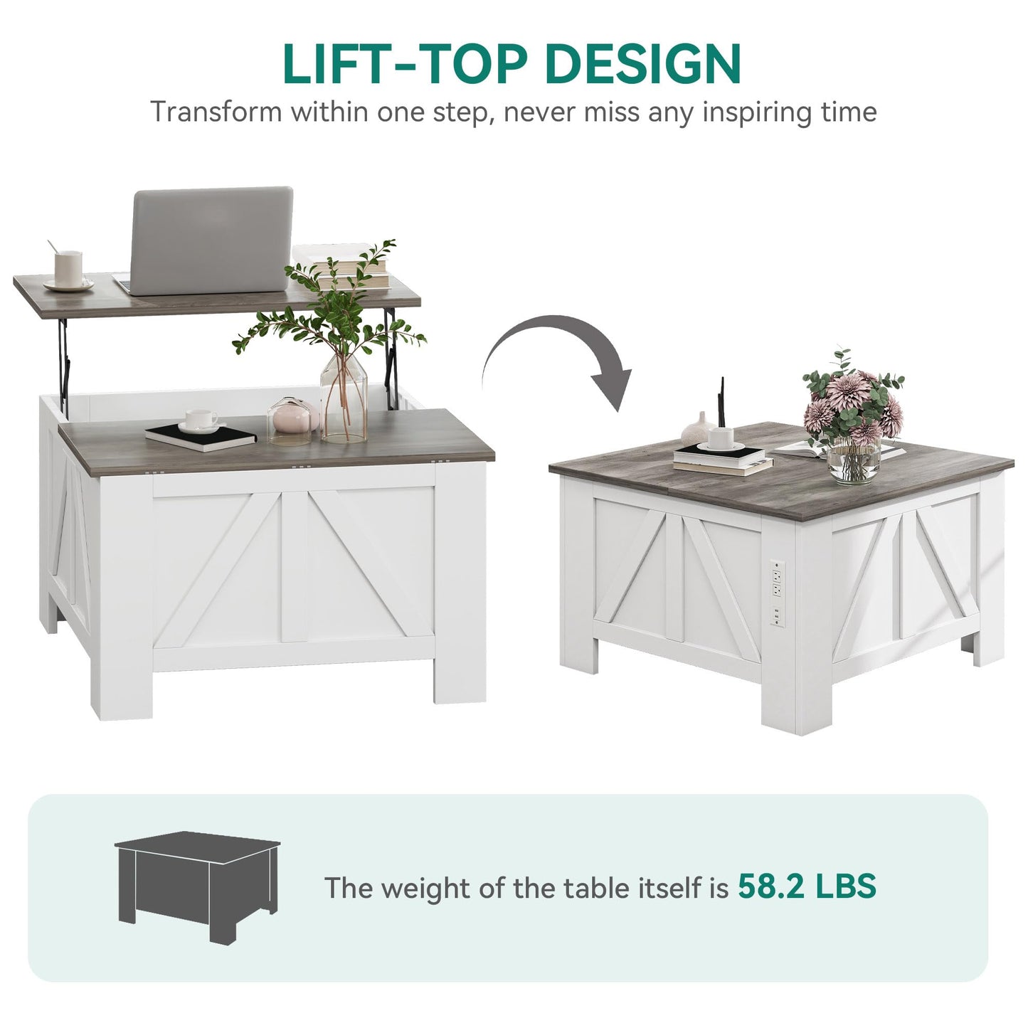 YITAHOME Farmhouse Lift Top Coffee Table with Storage, Wood Square Center Table with Charging Station & USB Ports and Hidden Compartment Coffee Tables for Living Room Bedroom, Home Office, White