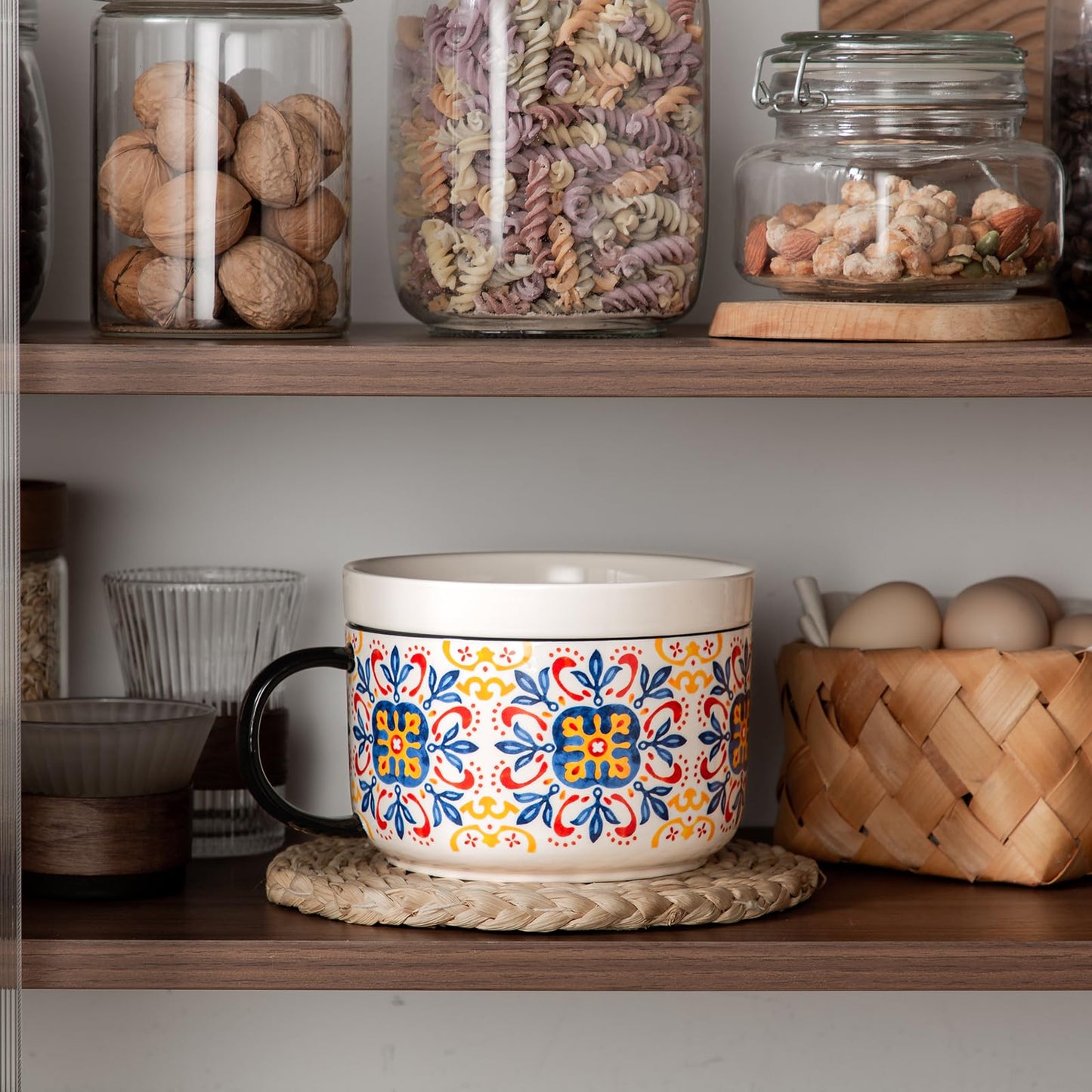 Chubacoo Soup Bowl & Sandwich Plate Combo: 38 oz Ceramic Ramen Bowl Microwave Safe - Extra Large, Big Handle, Ideal for Cereal, Salad, Pasta, Solo Dining, Breakfast, Afternoon Tea - Design C