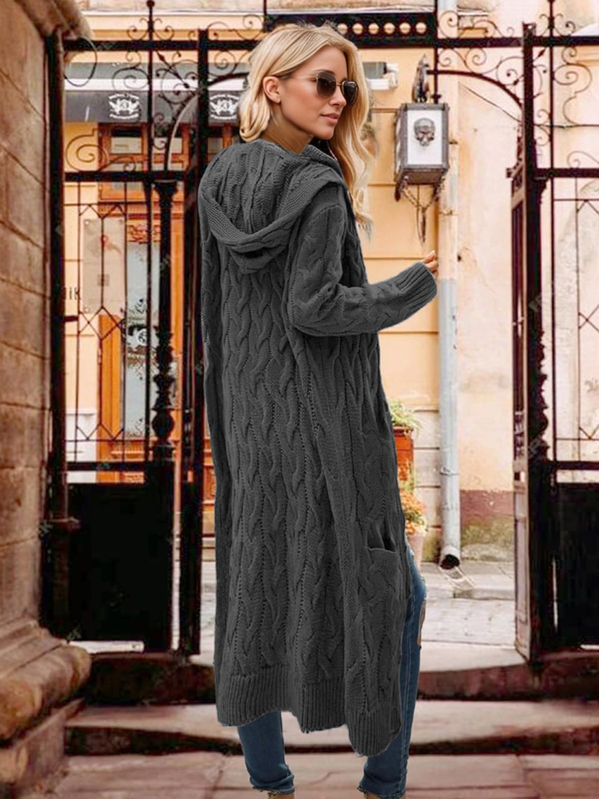 WIFFGO Lightweight Hooded Open Front Cardigan for Women Cable Knit Sweaters Pocketed Oversized Knee Length Long Coats Dark Gray