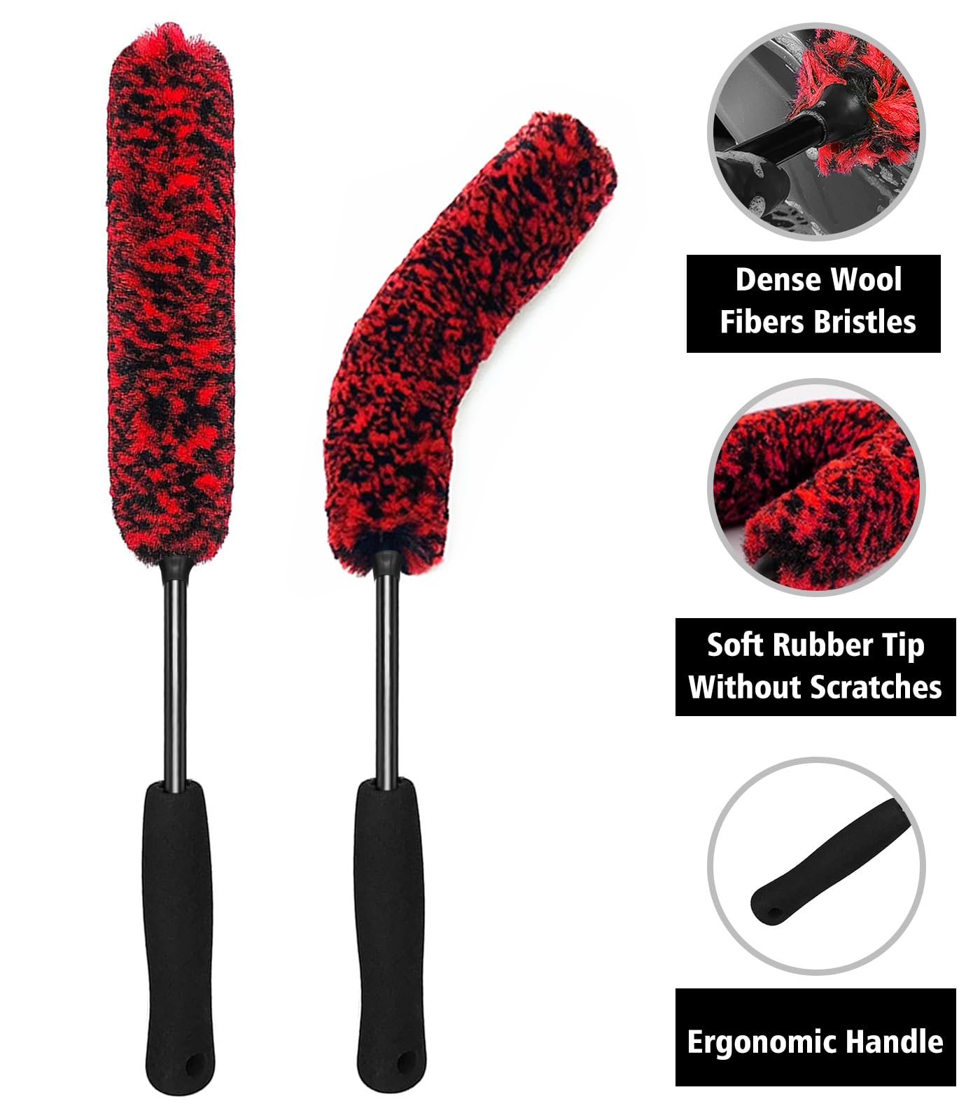 YeewayVeh 4Pack Car Wheel Cleaning Kit, Bendable Wheel Brush and Microfiber Rim Cleaner Brush, Tire Brush and Car Detailing Brush, Soft & No-Scratch Car Wheel Rim Brush Set for All Wheel Types, Red