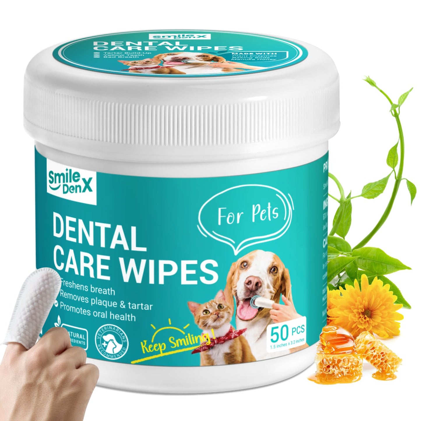 SmileDenX Dog Dental Care Finger Wipes - Teeth Cleaning Finger Wipes for Dog & Cats - Tooth Brushing Kit Dental Wipes for Dog - Reduces Plaque & Freshens Breath (50 PCS, Unscented)