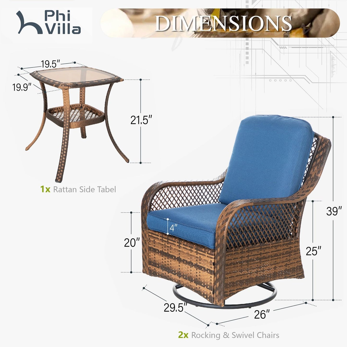 PHI VILLA Oversized Outdoor Swivel Rocker Chairs Set Clearance 3 Piece with 1 Table and 2 Rocking & Swivel Chairs Support 350lbs Navy Blue Wicker Outdoor Furniture Patio Conversation Set