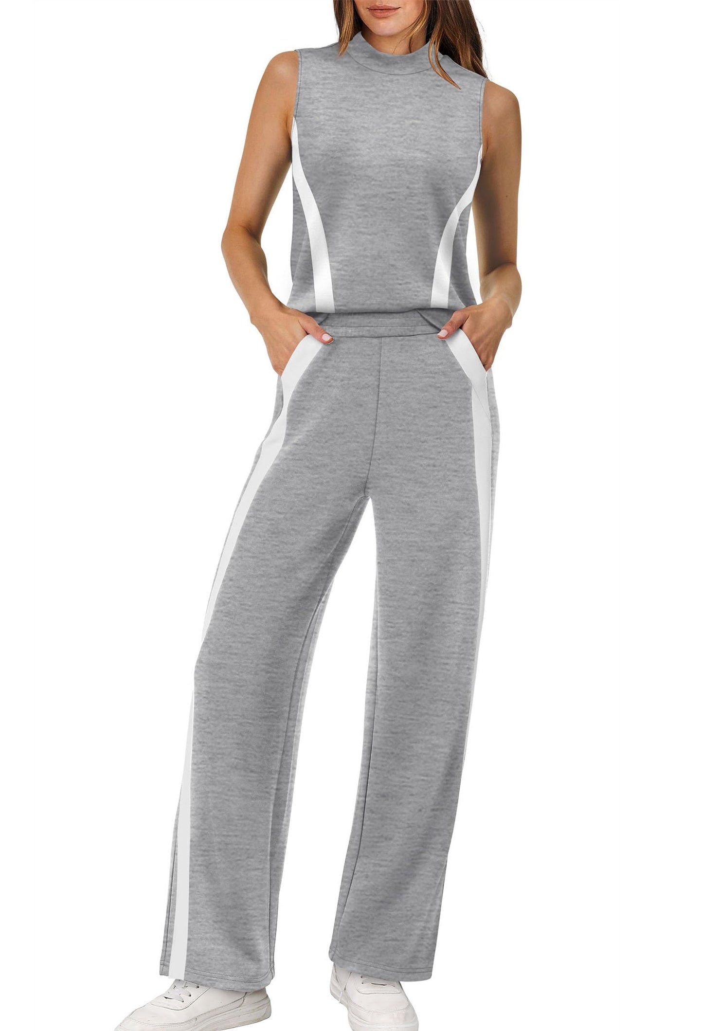 XIEERDUO Lounge Sets for Women Trendy 2 Piece Summer Outfits Beach Vacation Clothes Luxury Fashion Matching Set Travel Mock Neck Wide Leg Pants Grey XL