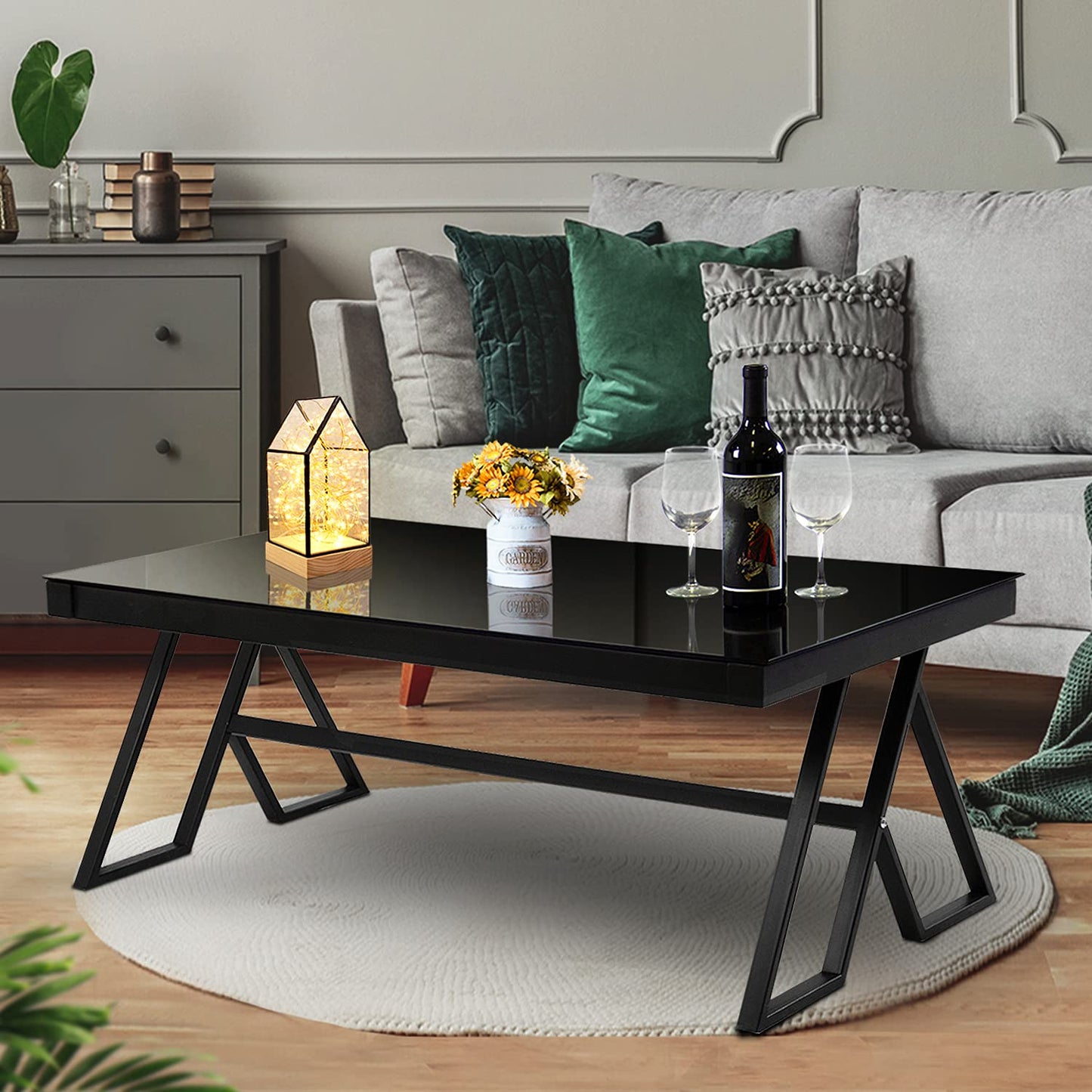 Jerry & Maggie Tempered Glass Tea Table Coffee Table Cocktail Desk Table - Modern Steel Triangular Legs Living Room Desk Decor - Anti Scratch Polished Surface Family Size Dinning Table, Black